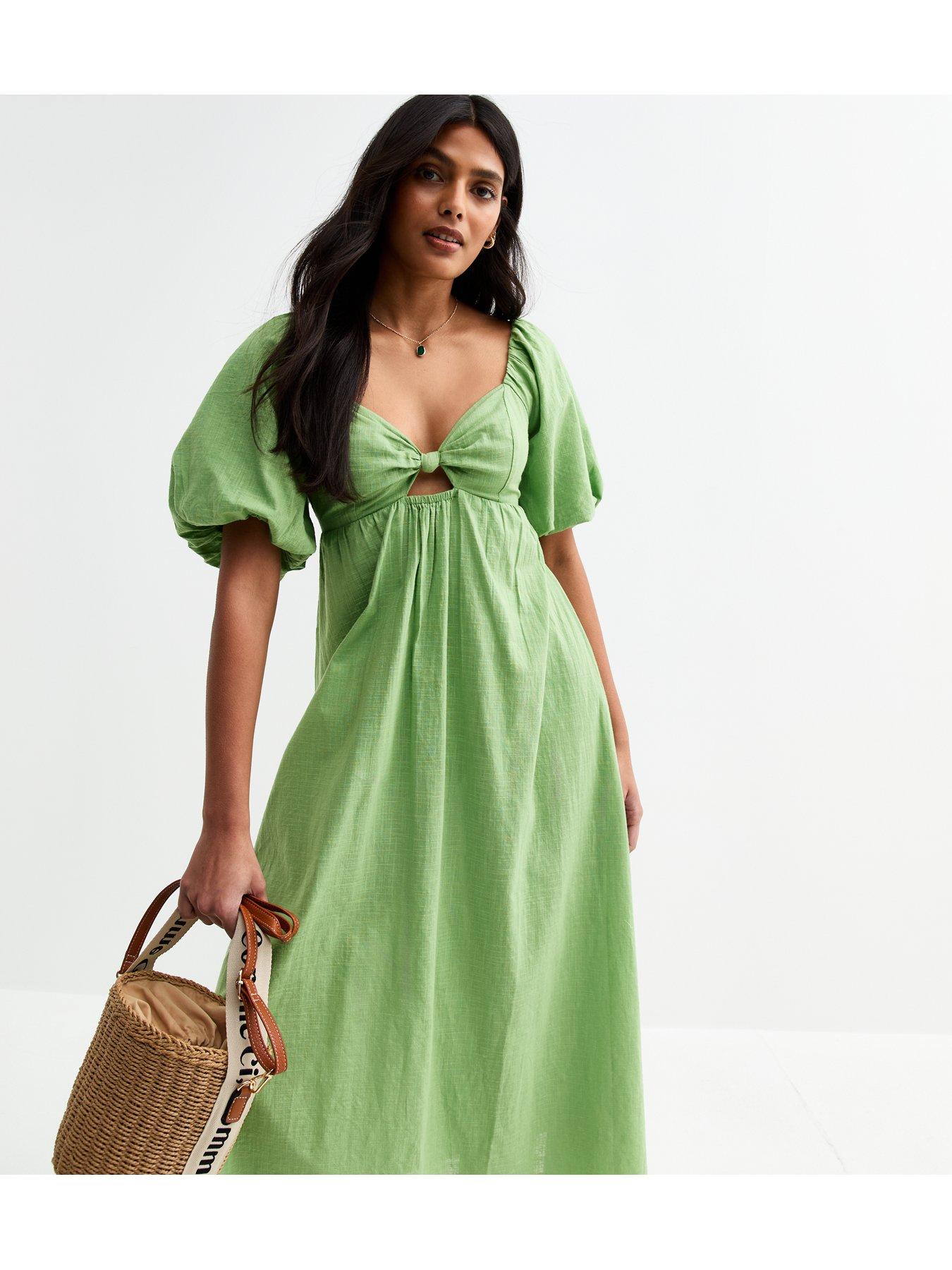 Image 3 of 5 of New Look Puff Sleeve Knotted Front Midi Dress - Green