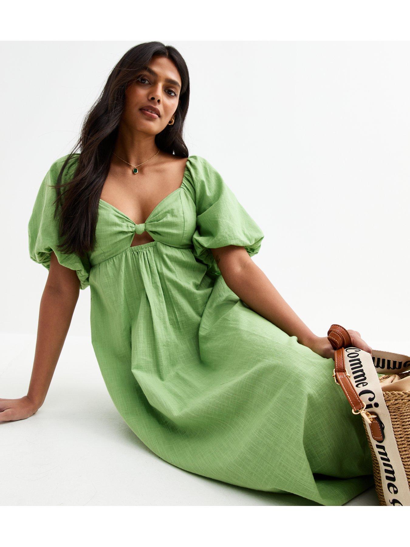 Image 4 of 5 of New Look Puff Sleeve Knotted Front Midi Dress - Green