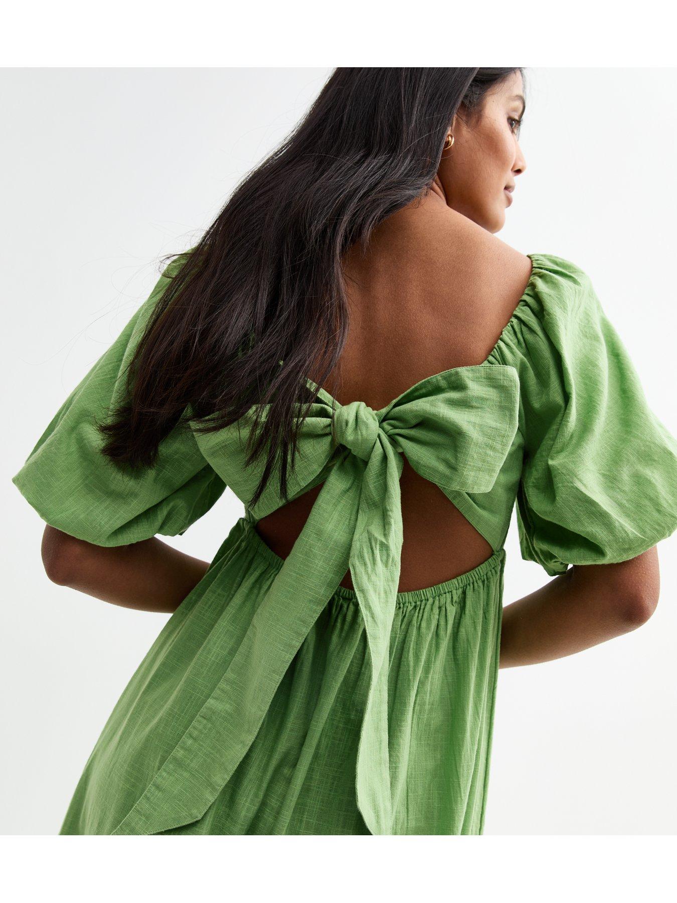 Image 5 of 5 of New Look Puff Sleeve Knotted Front Midi Dress - Green