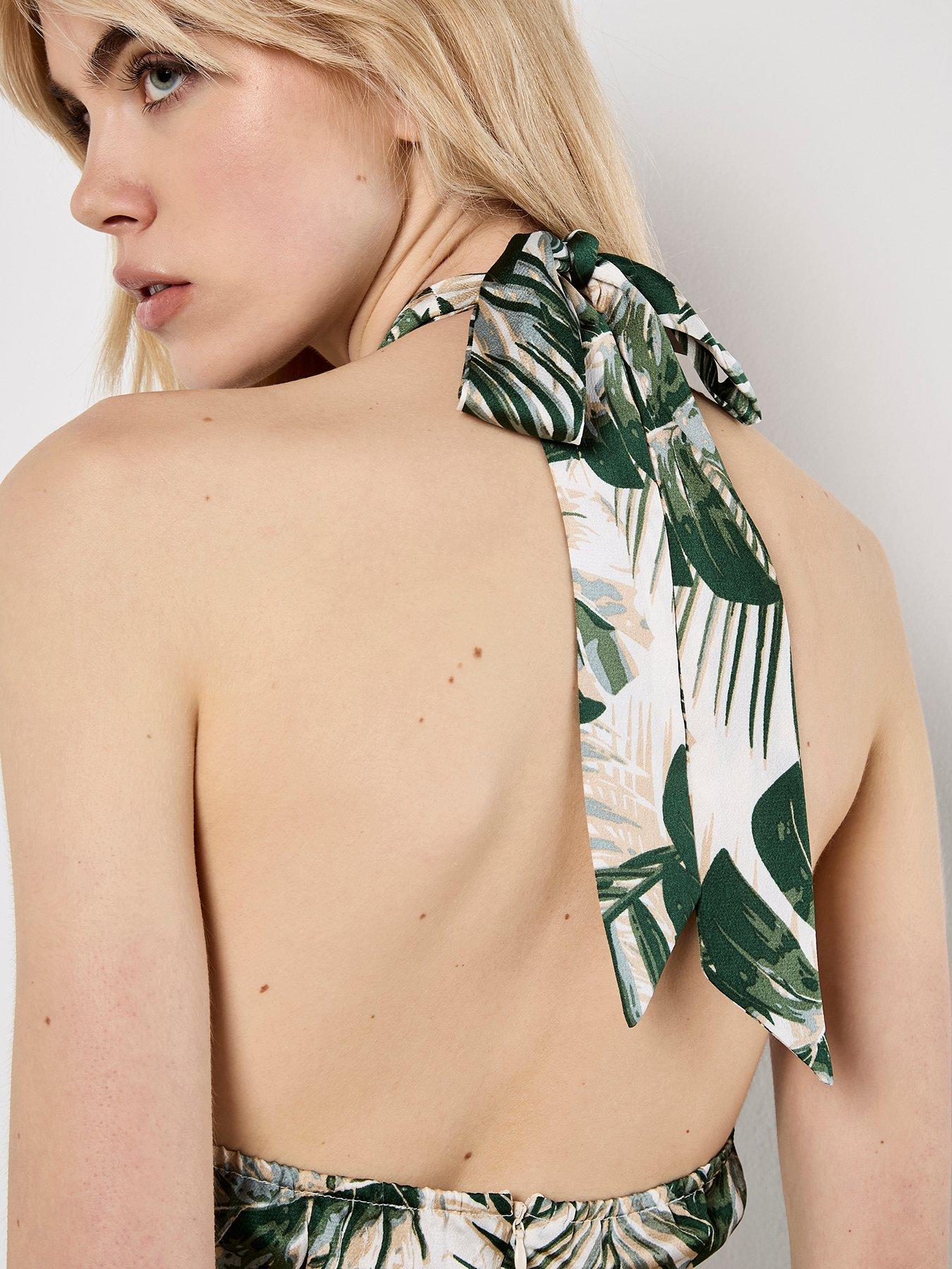 Image 4 of 4 of Apricot Tropical Leafy Text Satin Dress - Khaki