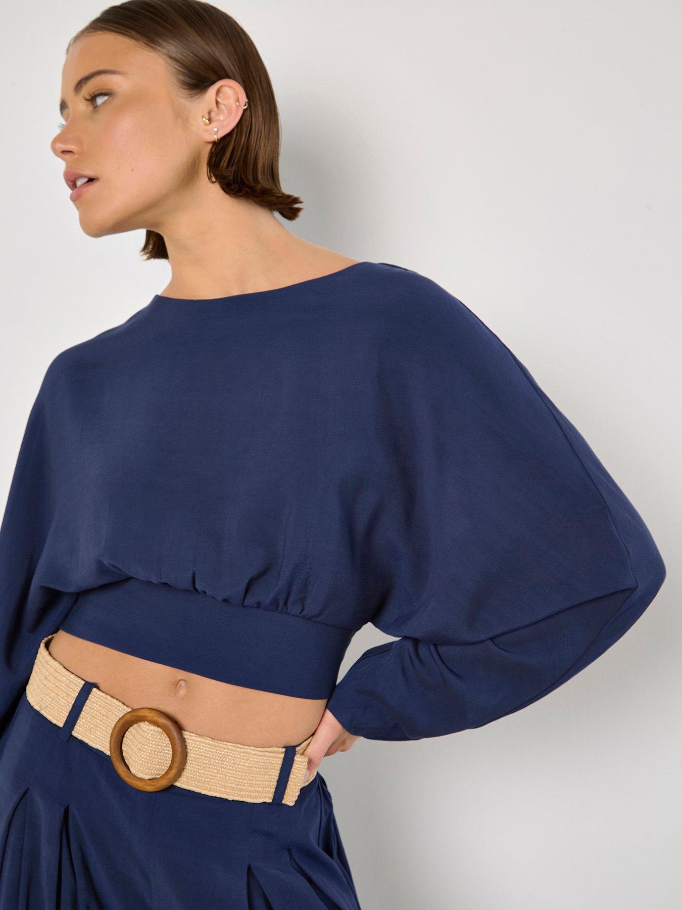 Image of Apricot Cuff Crop Open Back Batwing Top - Navy
