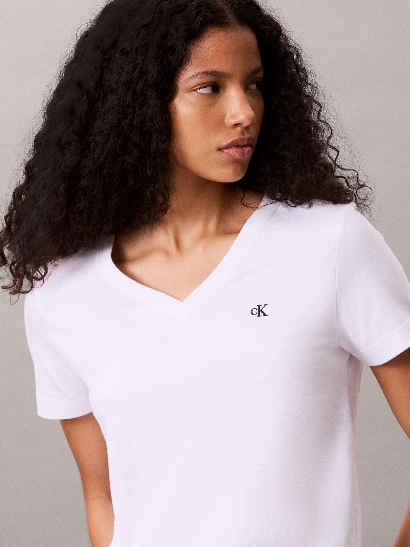 Image 5 of 6 of Calvin Klein Jeans Womens Archive Jersey V Neck T-Shirt - White