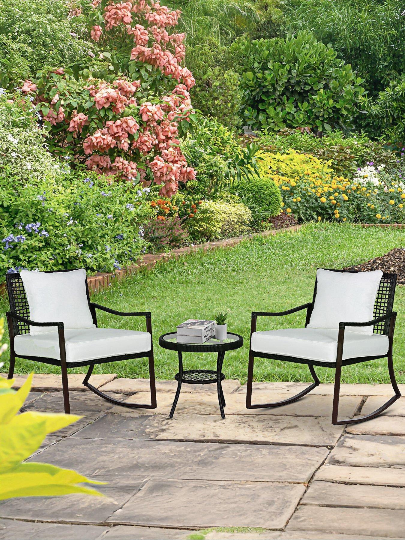 undefined Outsunny 3 Pieces Rattan Garden Rocking Chair Set with Cushion,Brown