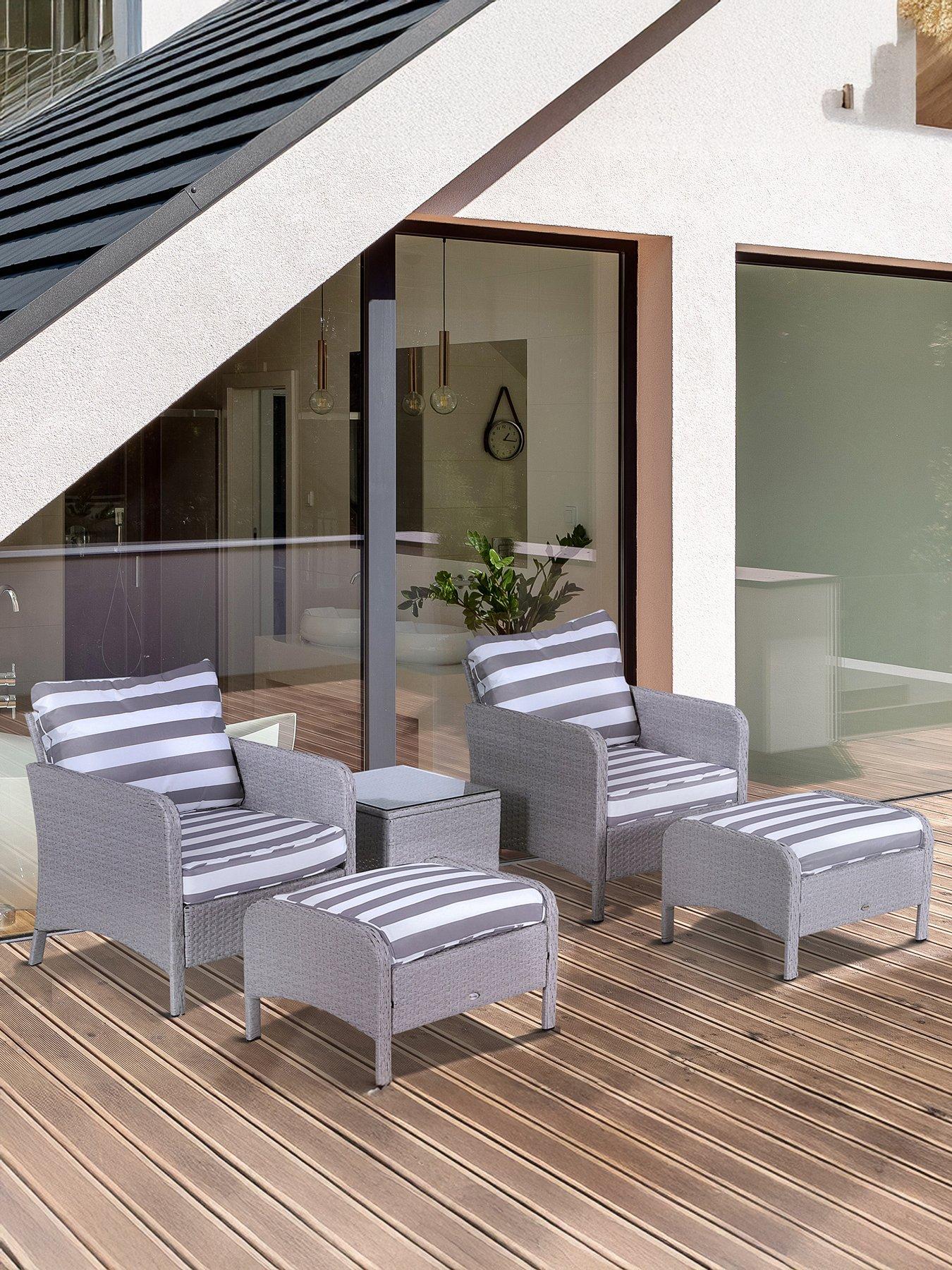 undefined Outsunny 5 Pieces PE Rattan Garden Furniture Set with Cushions 2 Armchairs, 2 Stools,Grey and White