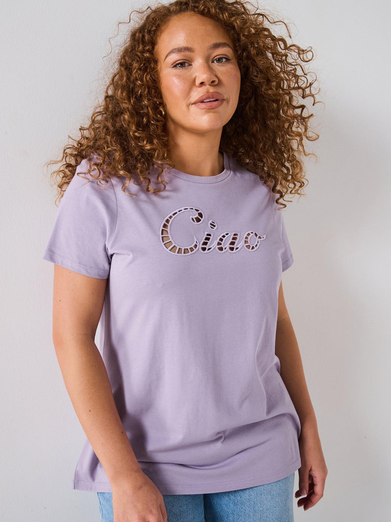 V by Very Curve Embroidered Ciao T-Shirt - Purple