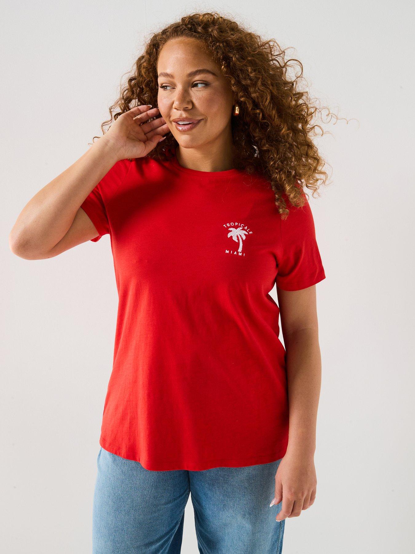 V by Very Curve Embroidered T-Shirt - Red