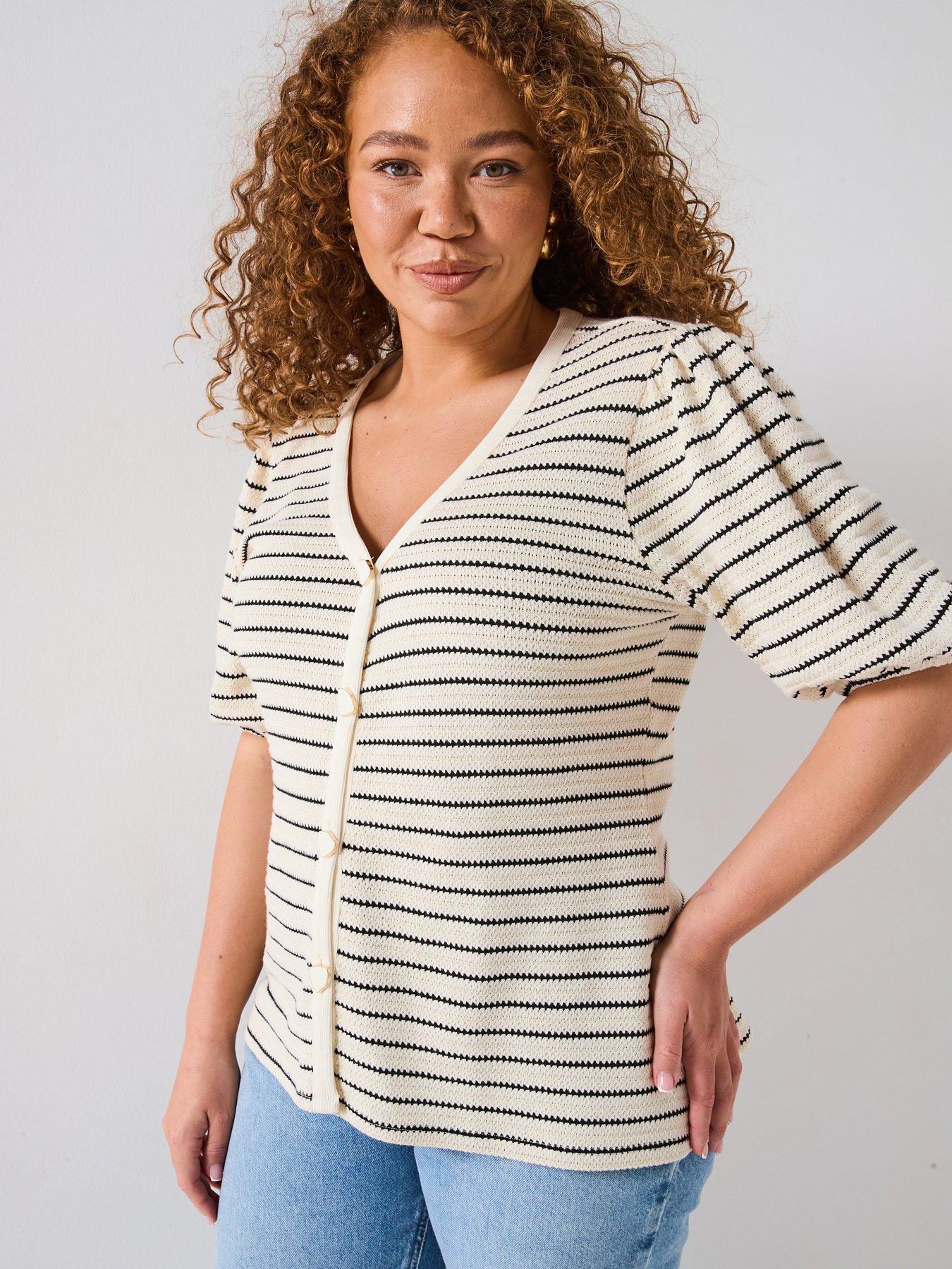 V by Very Curve Button Detail Stripe Neck Top - Multi