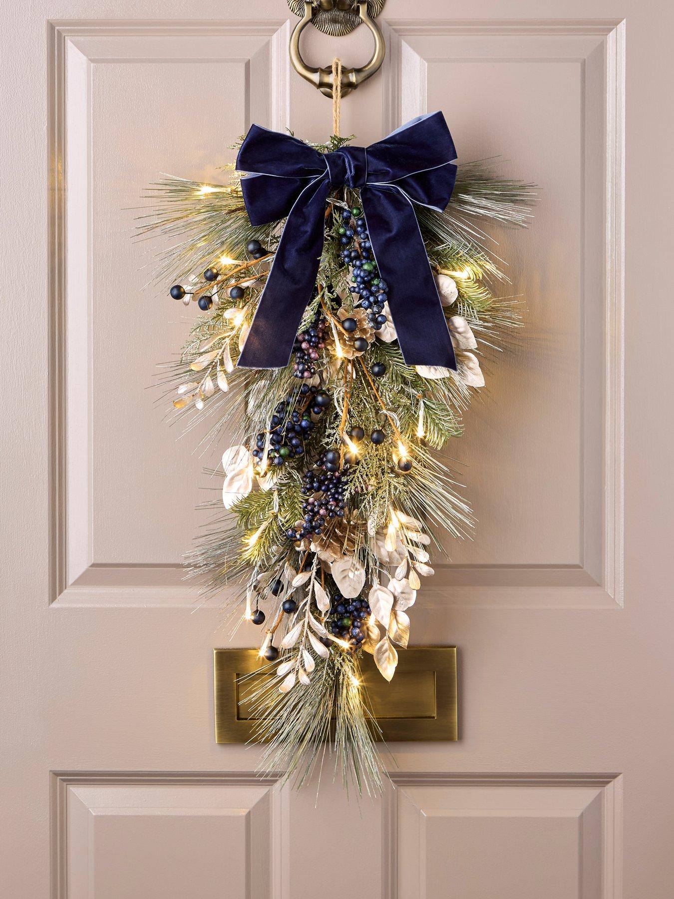 Very Home Blueberry Pre Lit Christmas Wreath with Velvet Bow