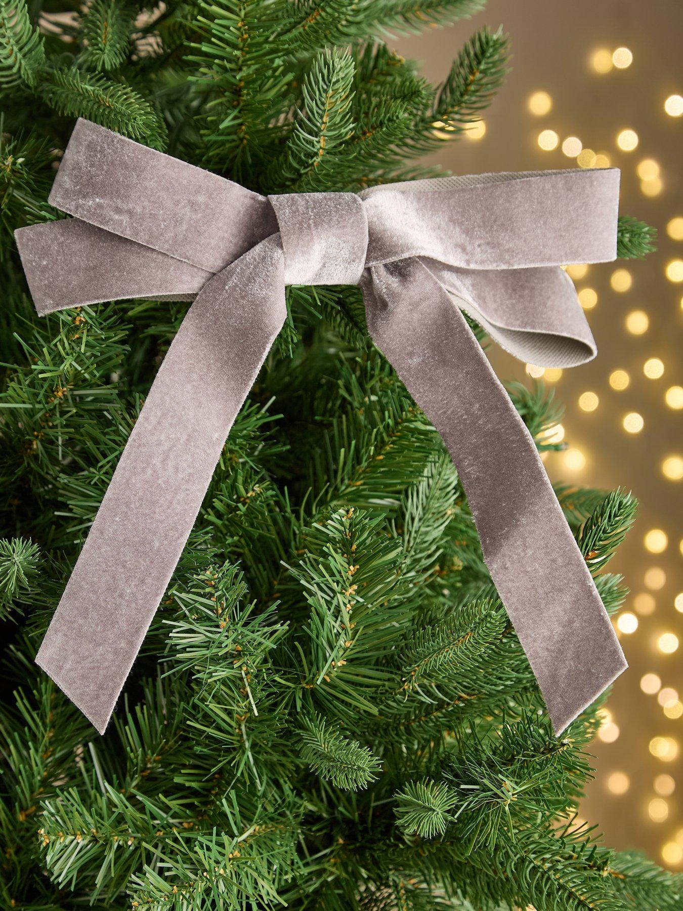 Very Home Set of 6 Silver Velvet Christmas Tree Bows - 25 cm
