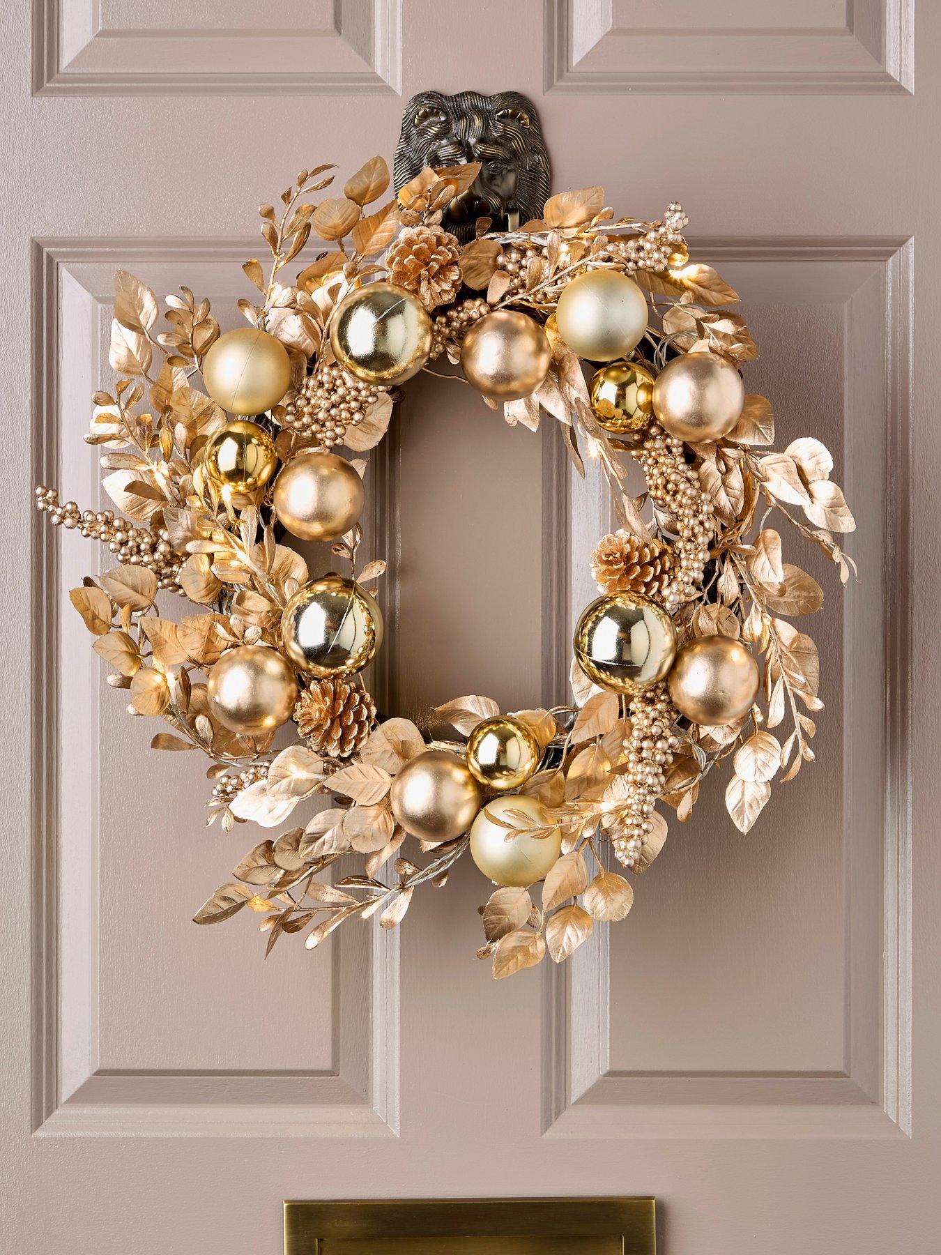 very-home-champagne-gold-pre-lit-christmas-wreath-60-cm