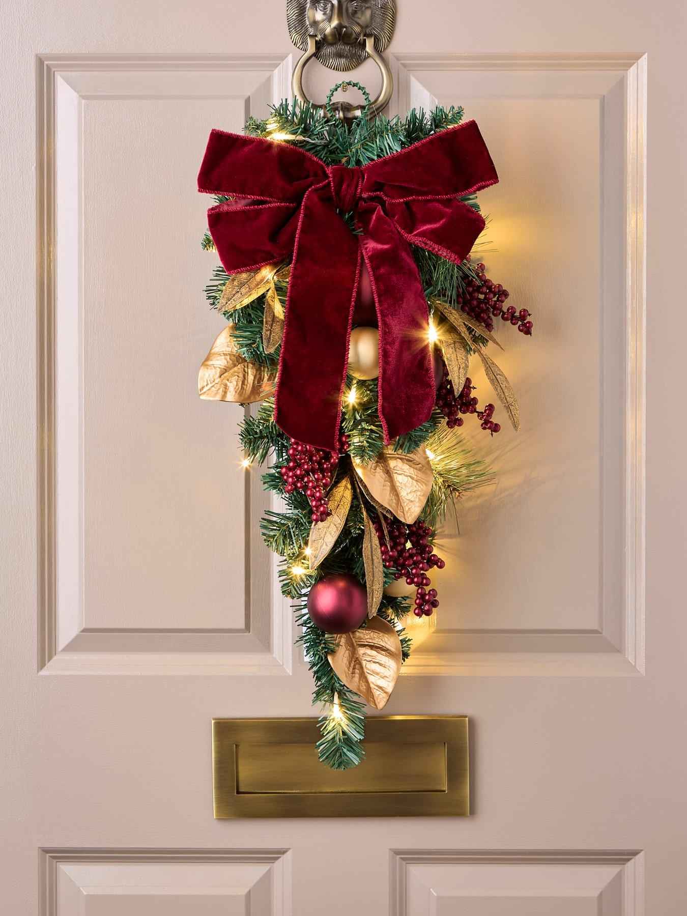 Very Home Pre Lit Bows and Baubles Teardrop Christmas Wreath - 70 cm