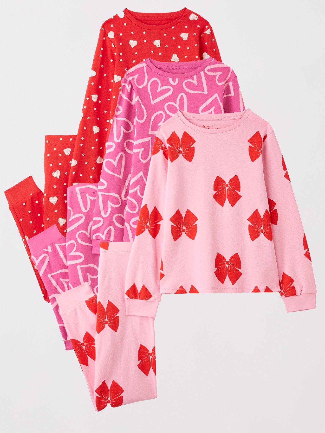 The Very Collection Girls 3 Pack Heart  &  Bow Pyjamas - Multi
