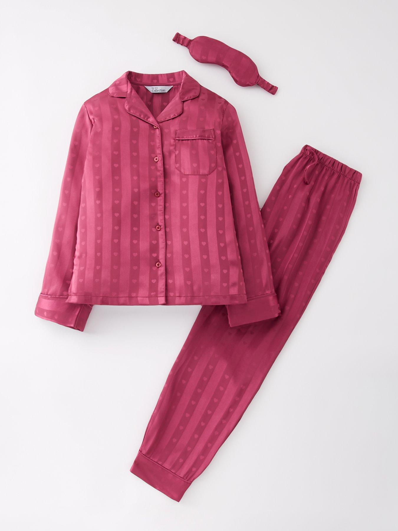 Image 1 of 4 of The Very Collection Girls Jacquard Satin PJ with Eye Mask - Burgundy/Pink