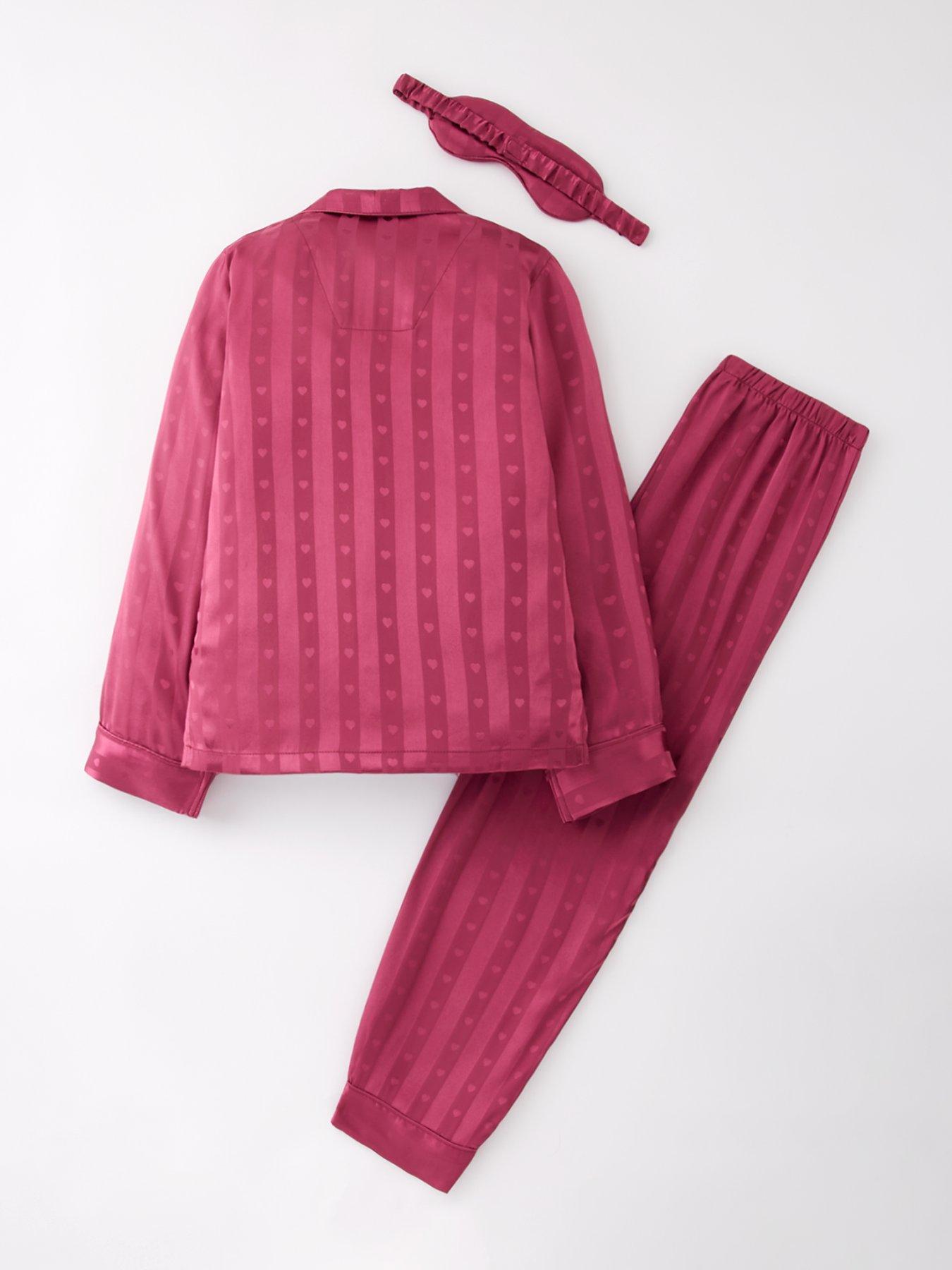 Image 2 of 4 of The Very Collection Girls Jacquard Satin PJ with Eye Mask - Burgundy/Pink