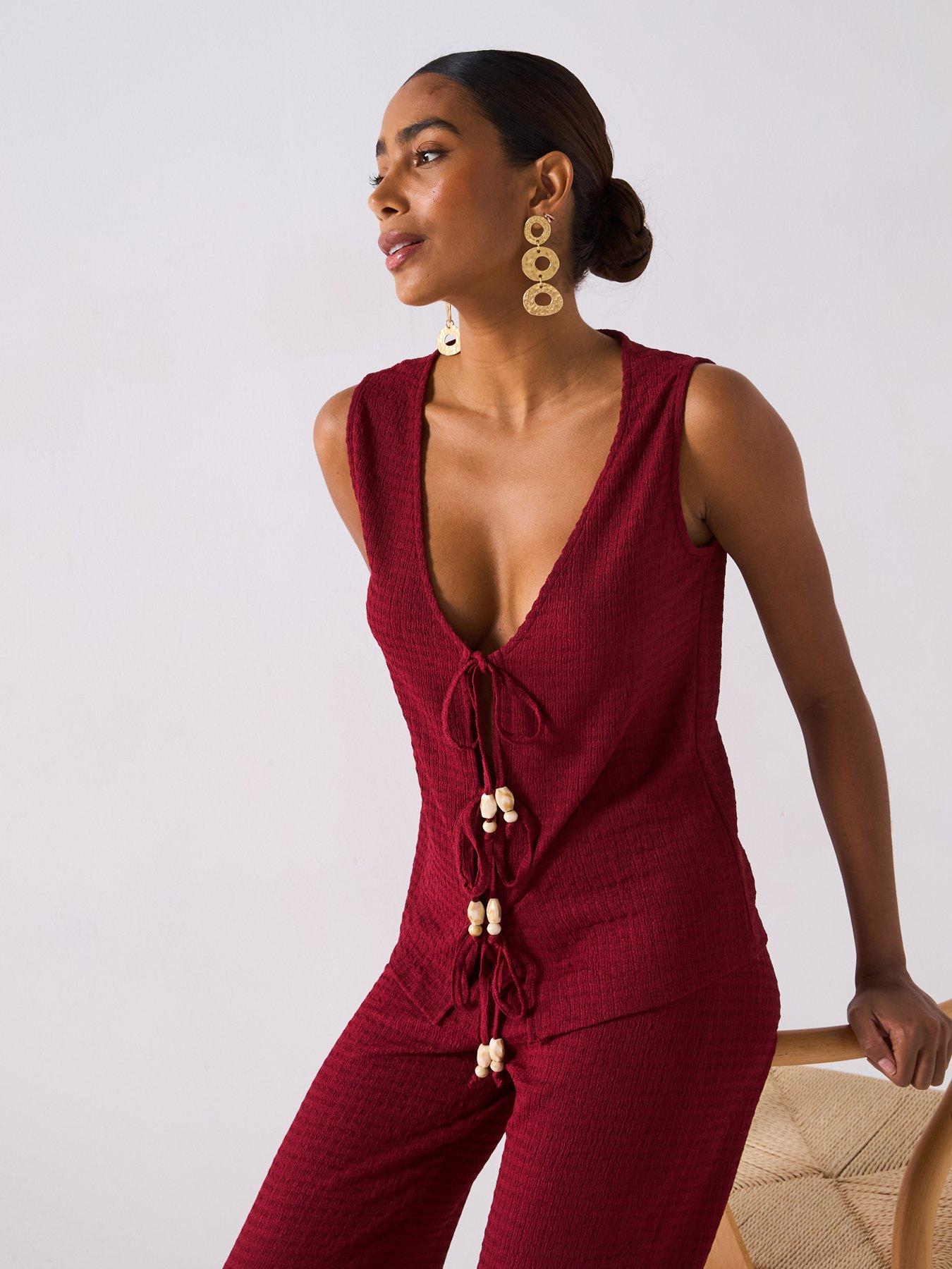 undefined Bead Detail Tie Up Textured Top Co-Ord - Burgundy