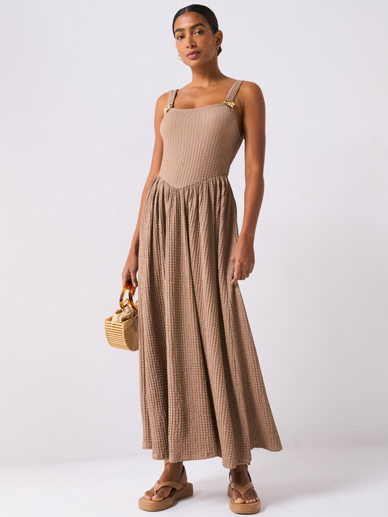 V by Very Trim Detail Drop Hem Midaxi Dress - Brown