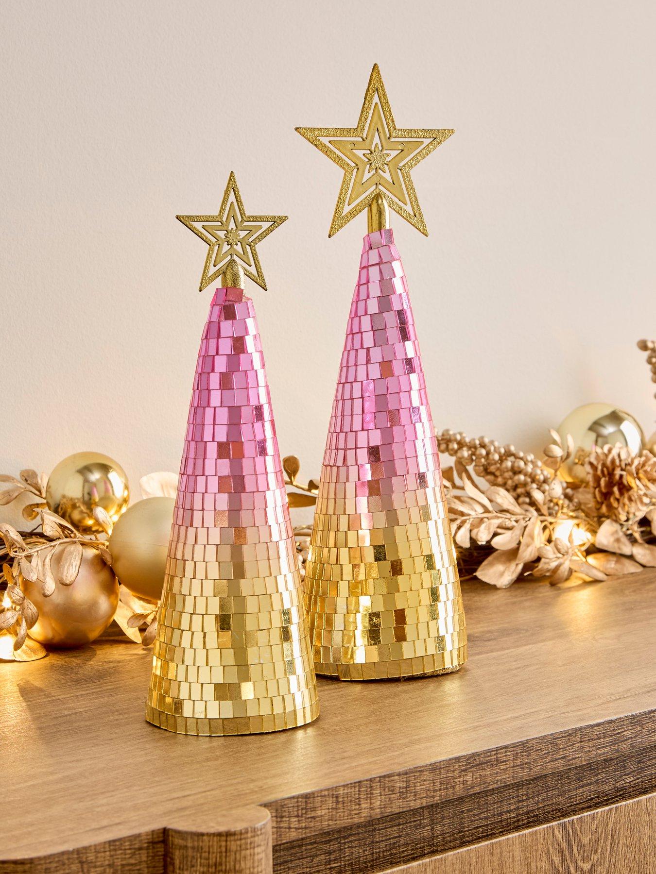The Christmas Gift Co Set of 2 Pink/Gold Disco Ball Christmas Tree Ornament - 26/29 cm