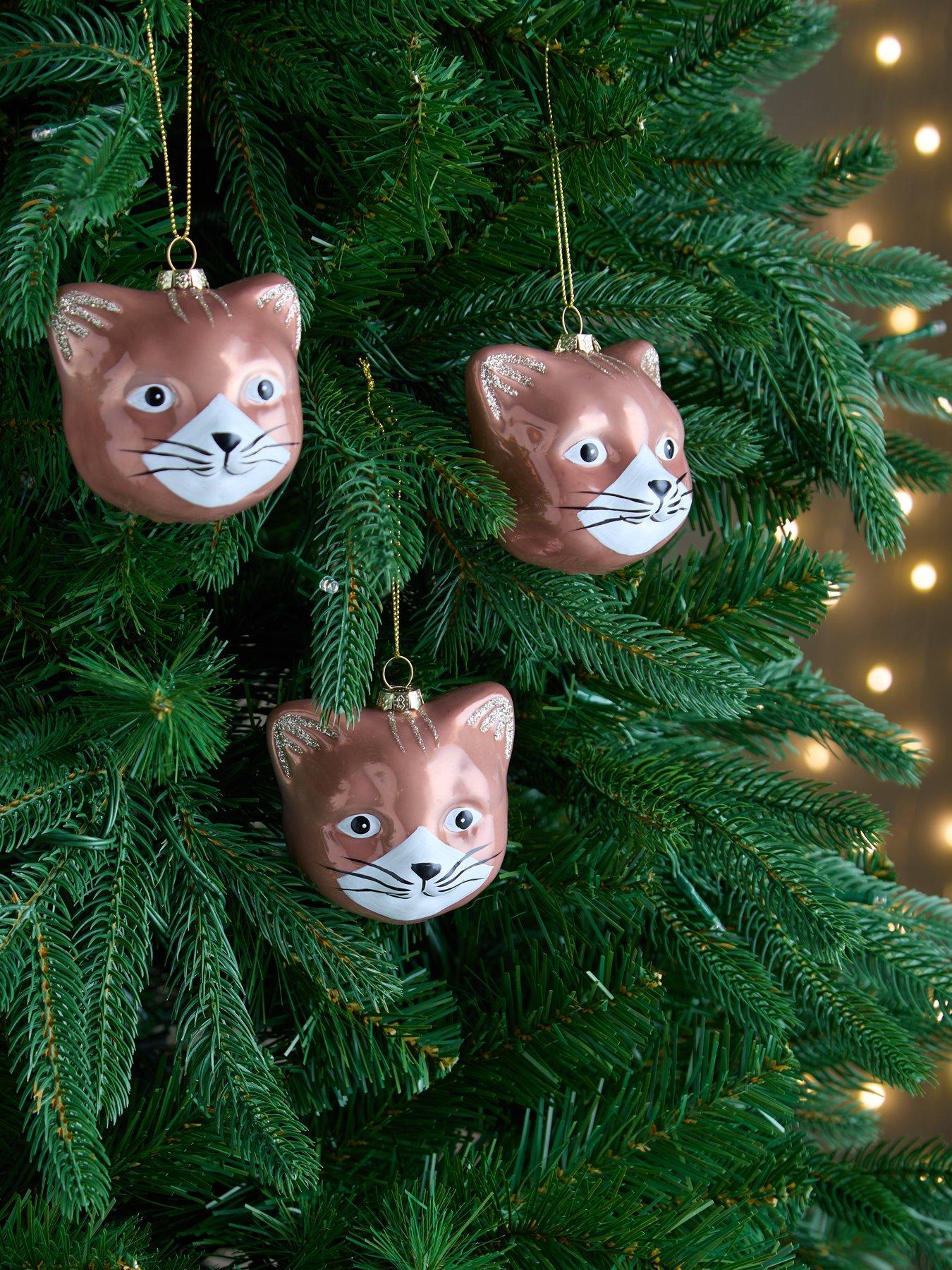 The Christmas Gift Co Set of 3 Glass Hanging Christmas Tree Ornaments - Cat