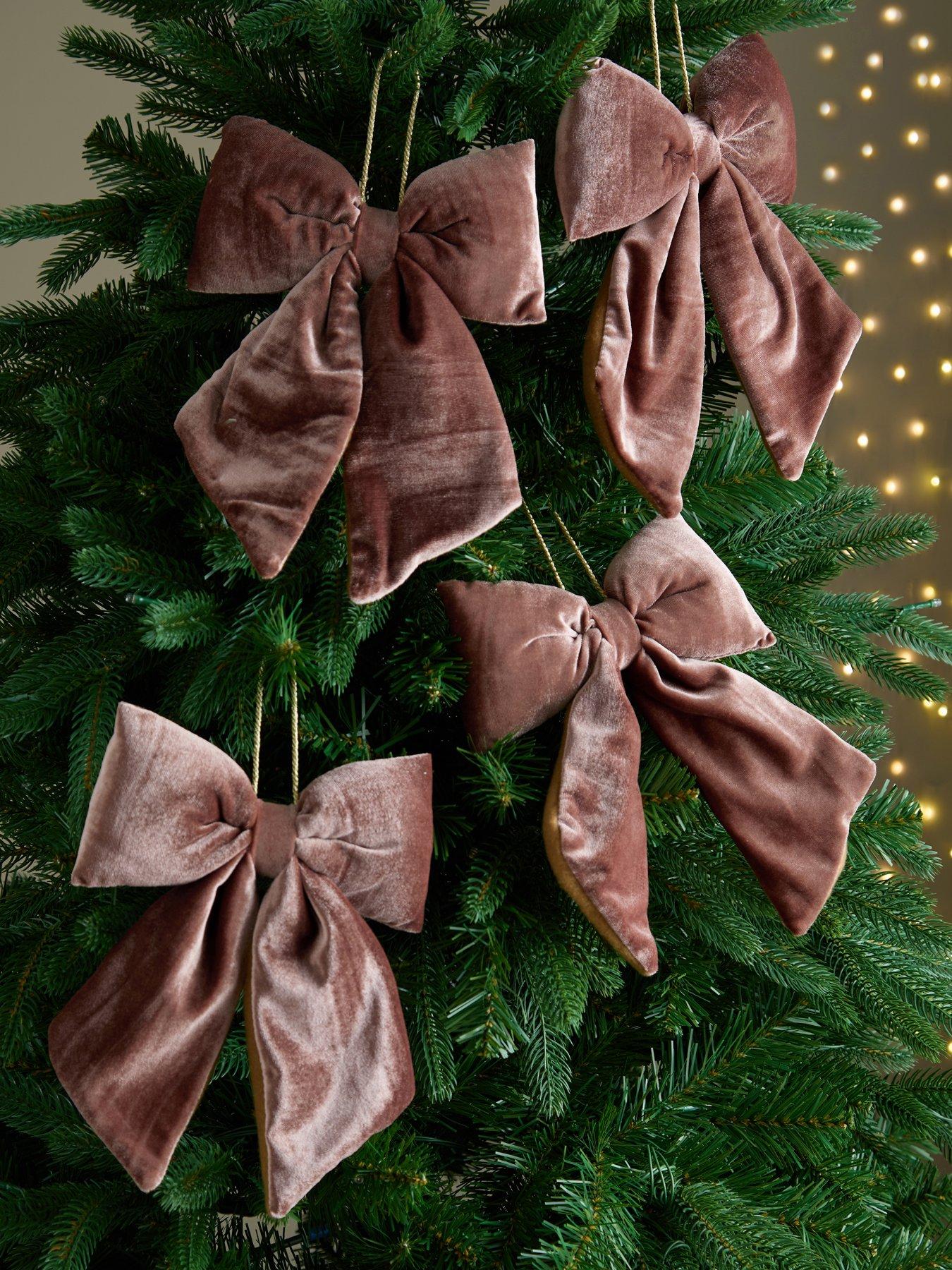 Set of 4 Velvet Bow Christmas Tree Decorations - Chocolate