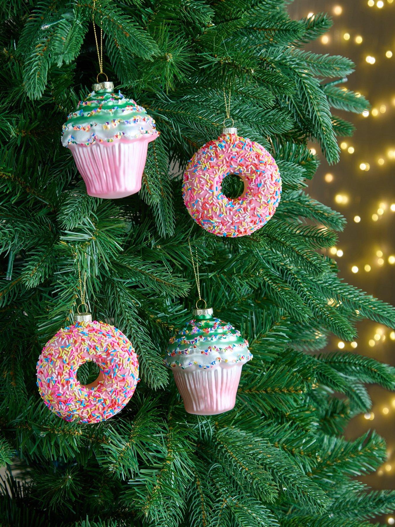 the-christmas-gift-co-set-of-4-novelty-glass-christmasnbsptree-decorationsnbsp--cupcake-amp-sprinkles-donut