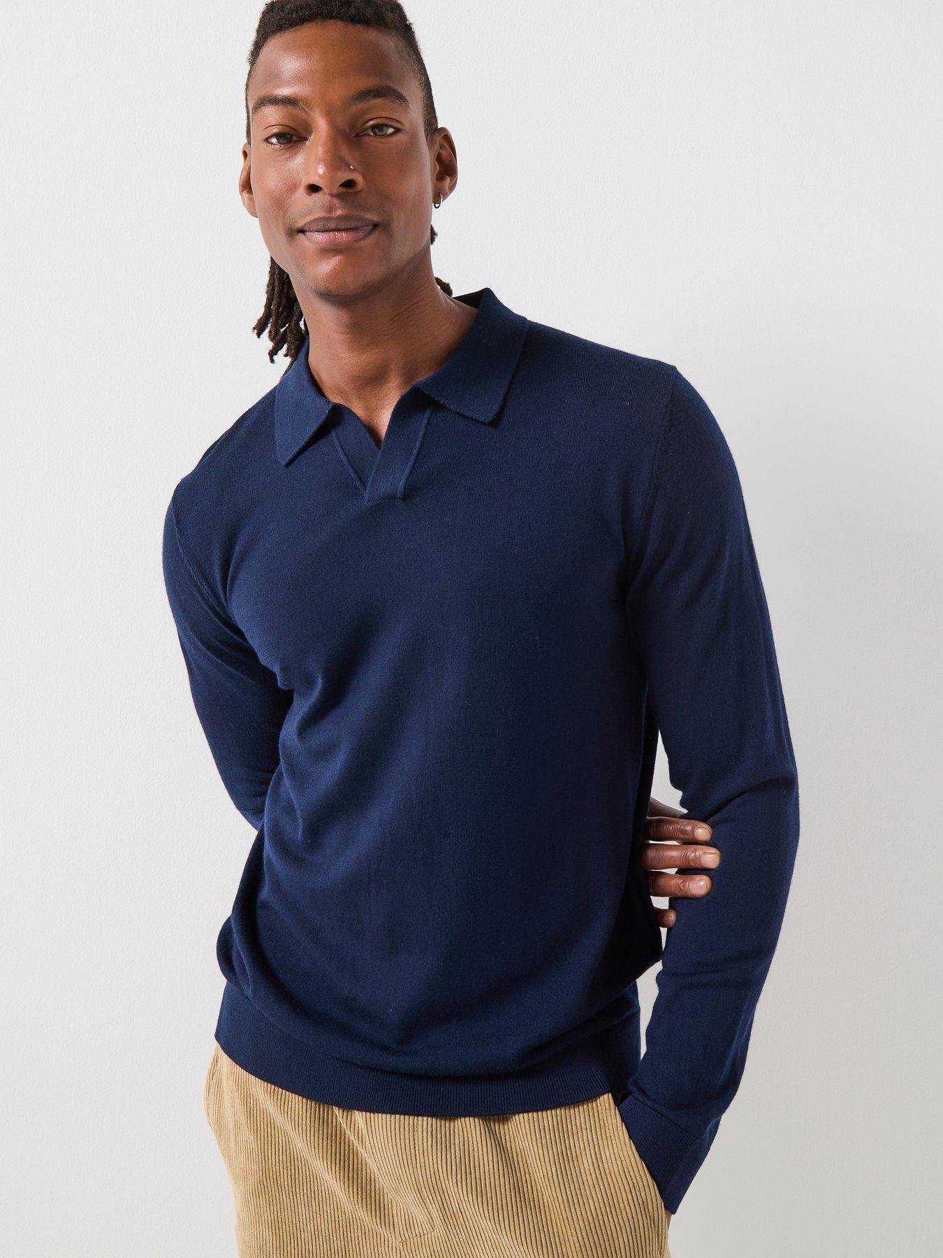 Selected Homme Tray Long Sleeve Merino Knitted Open Collar Polo Shirt - Navy