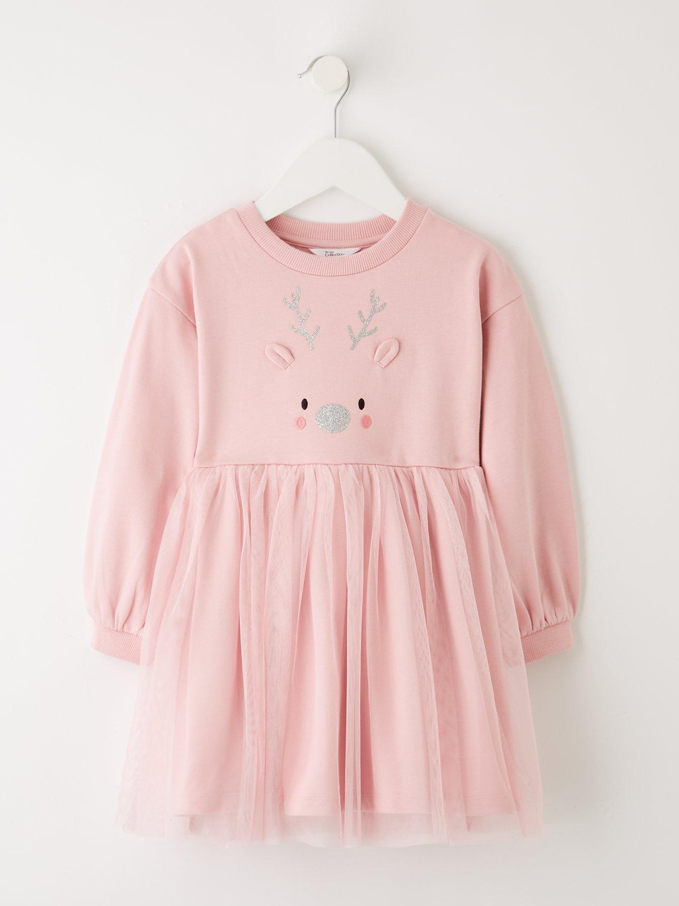 The Very Collection Girls Christmas Reindeer Sweat Dress - Pink