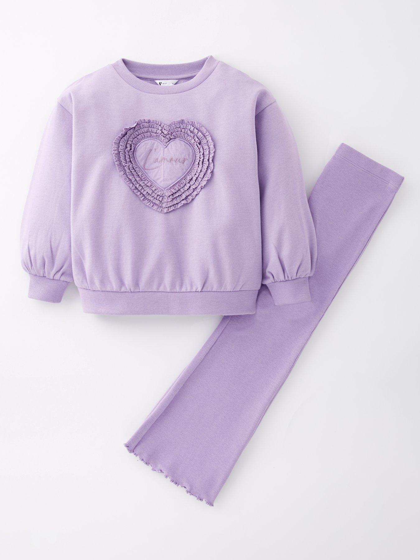 Mini V by Very Girls 3D Heart Sweat With Rib Flare Leggings - Purple