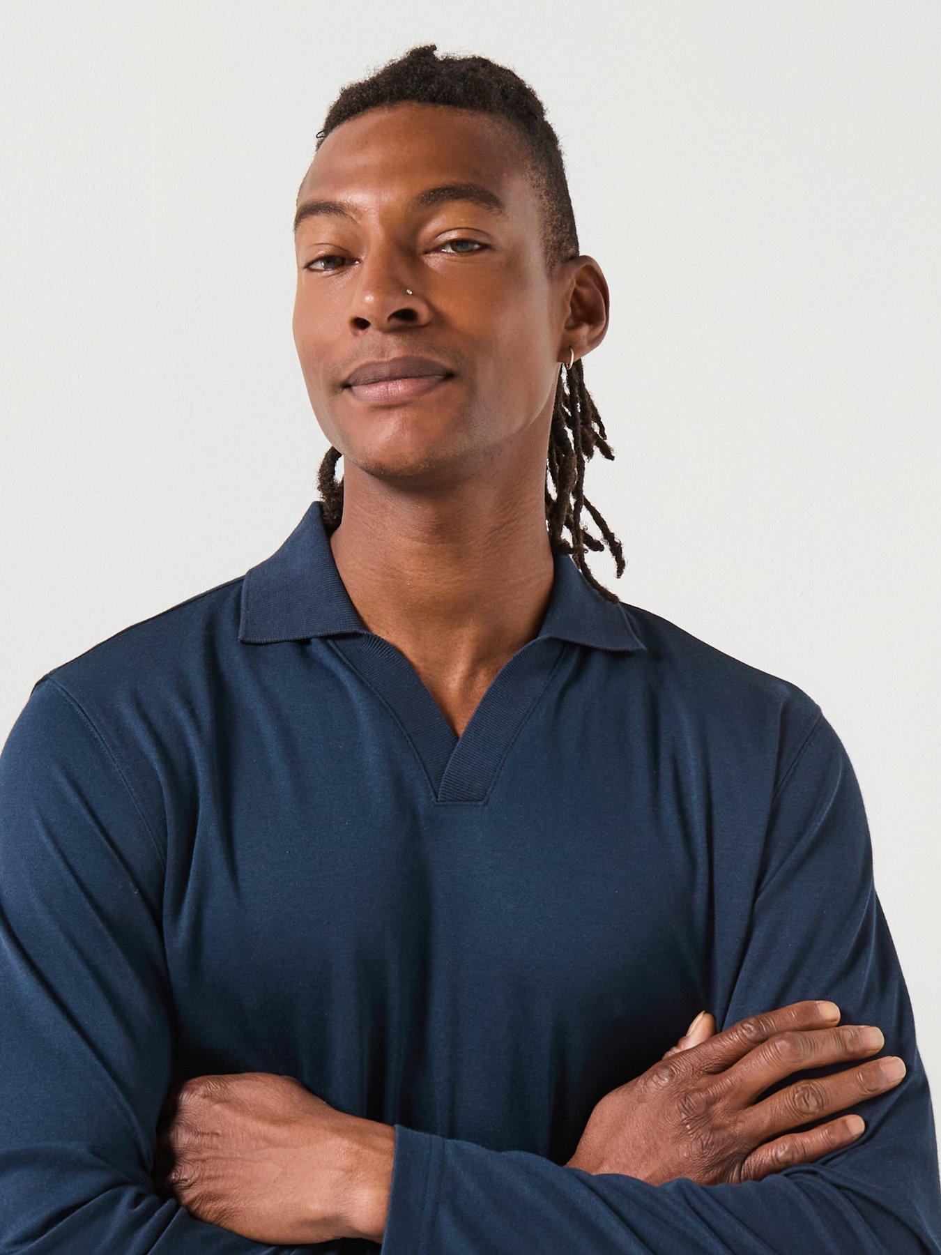 Image 5 of 6 of Selected Selected Fave Split Neck Long Sleeve Polo Shirt
