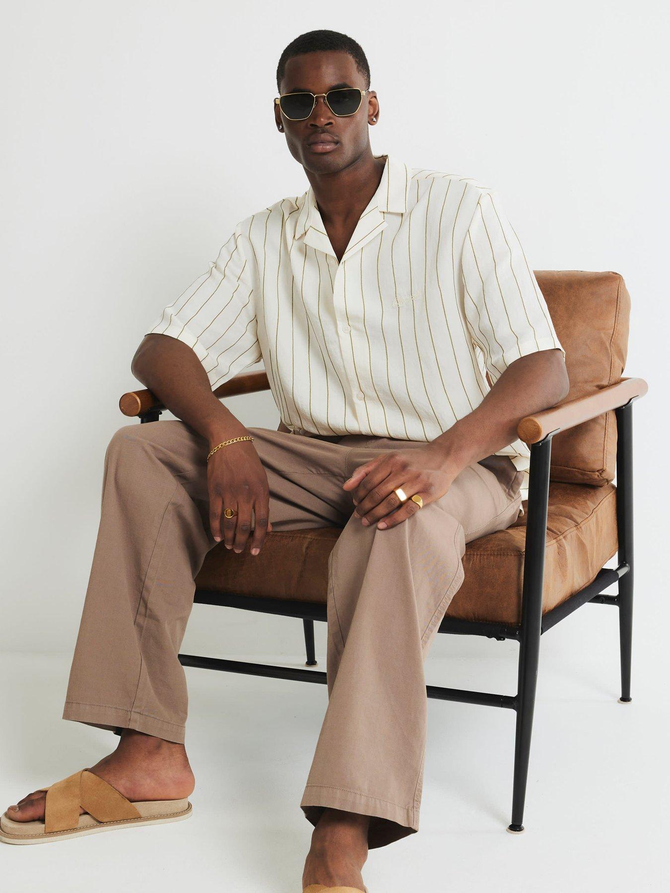 Image 2 of 4 of River Island Boxy Fit Stripe Revere Shirt - Beige