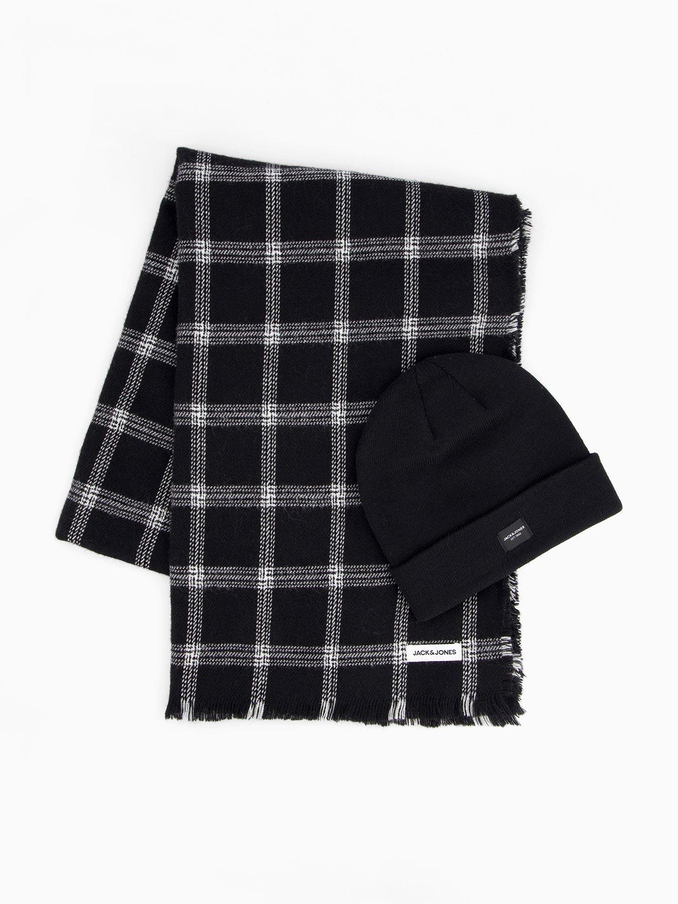 Image 1 of 4 of Jack & Jones Frost Beanie Hat And Check Scarf Gift Set - Black