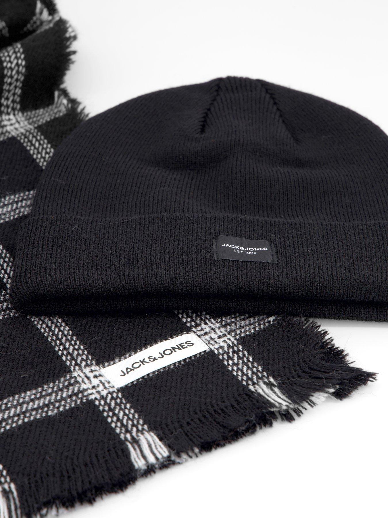 Image 2 of 4 of Jack & Jones Frost Beanie Hat And Check Scarf Gift Set - Black