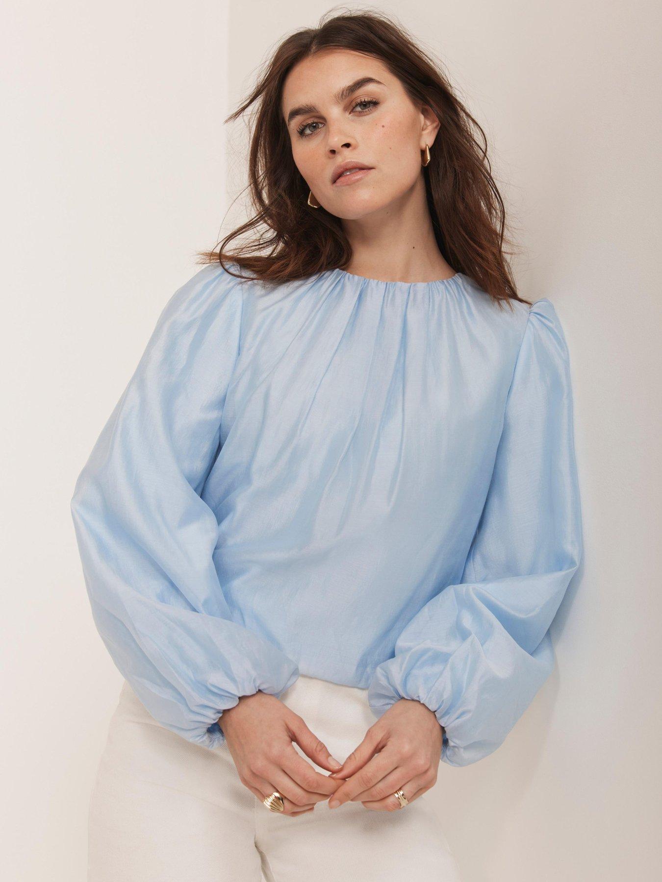 Image 1 of 6 of Mint Velvet Sheer Puff Sleeve Top - Blue