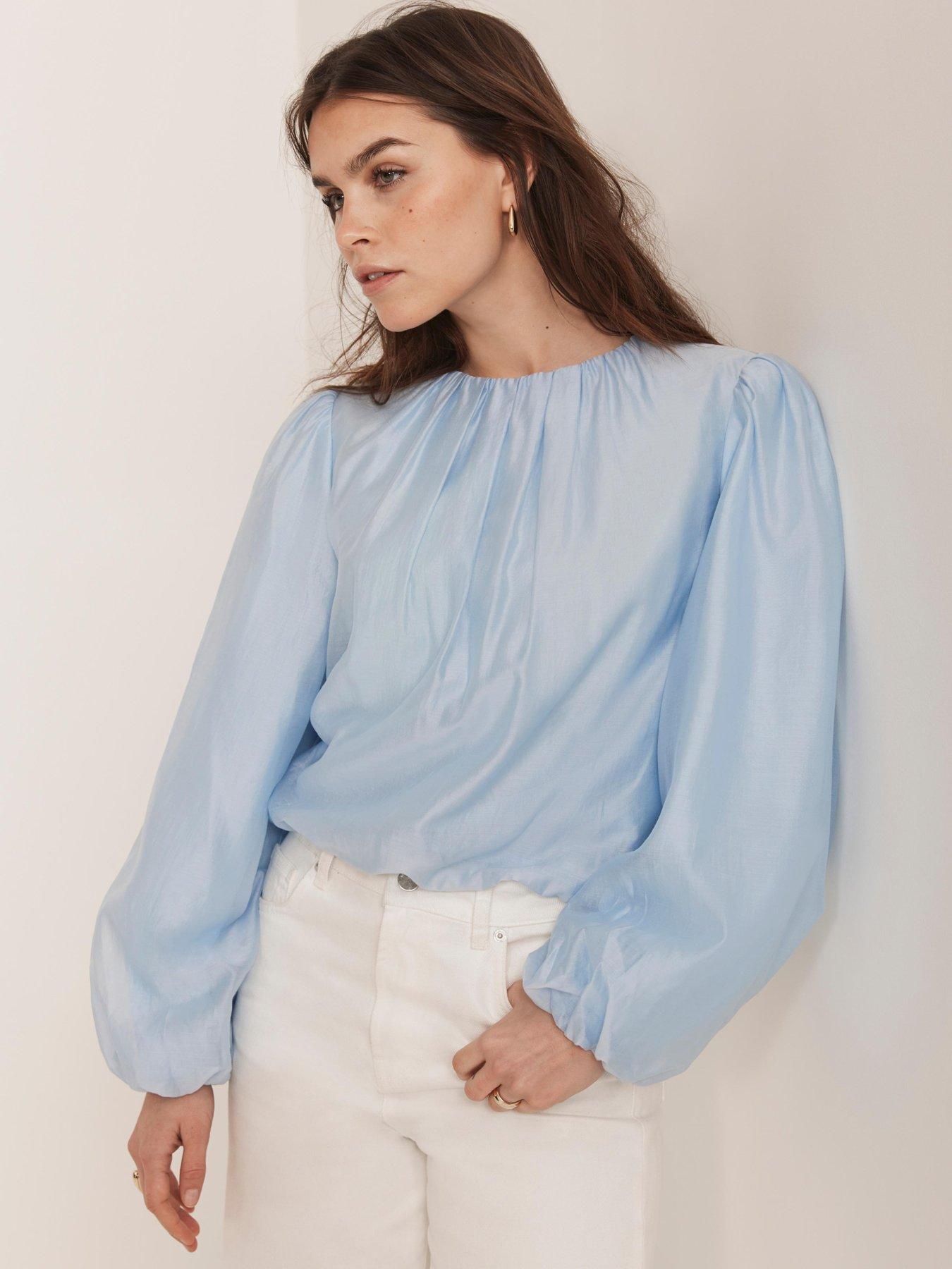 Image 2 of 6 of Mint Velvet Sheer Puff Sleeve Top - Blue