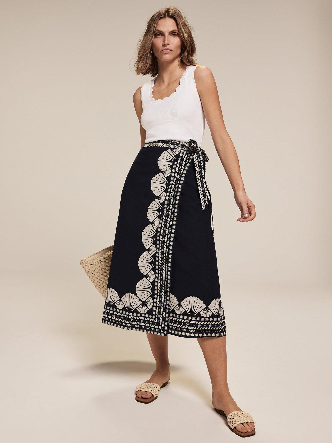 Image 1 of 6 of Mint Velvet Navy Shell Print Sarong Skirt - Blue