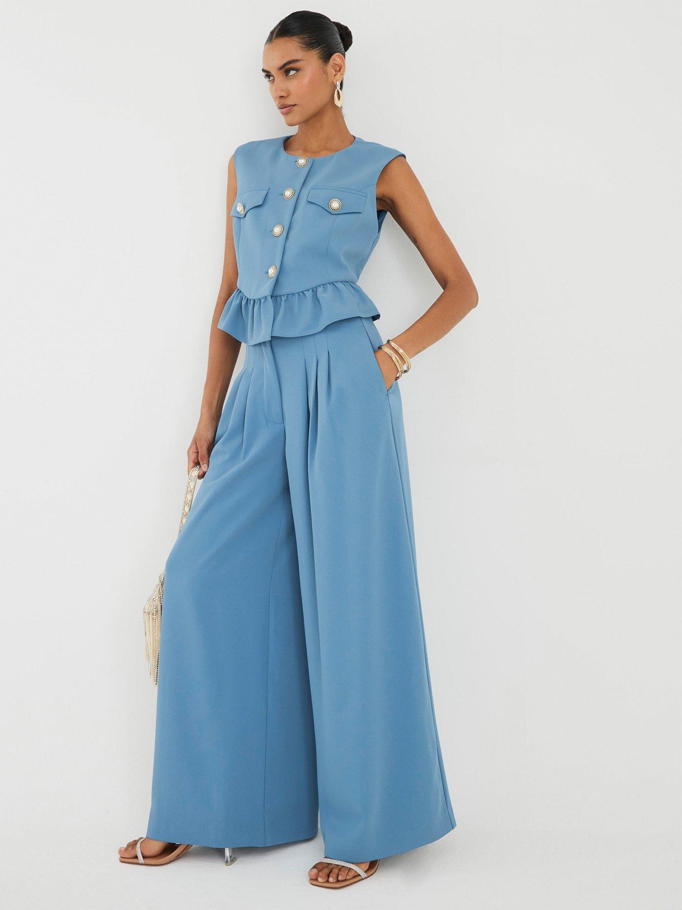 Image 1 of 4 of River Island Pleated Wide Trousers - Blue