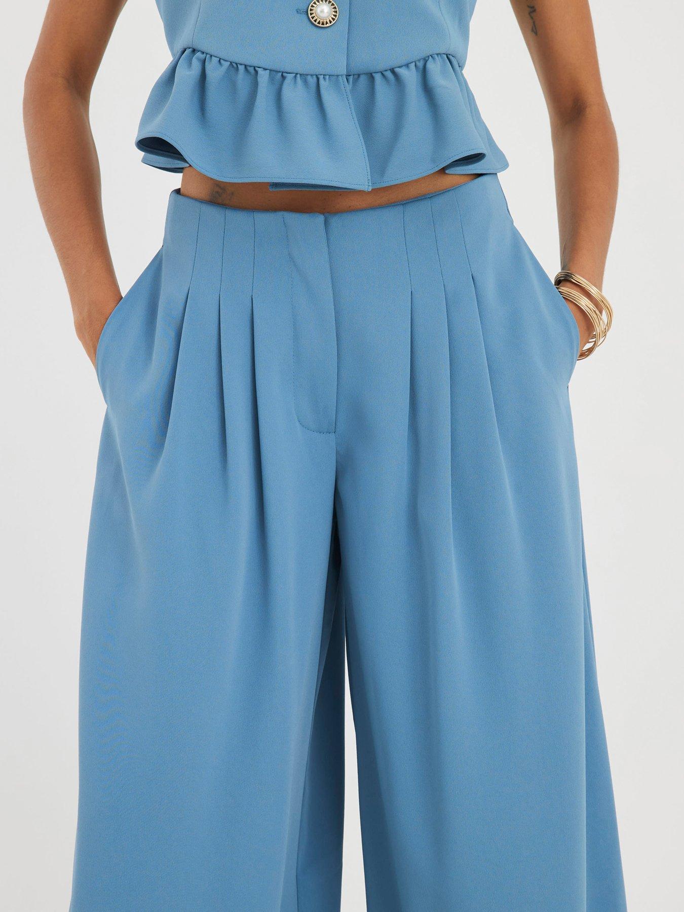 Image 4 of 4 of River Island Pleated Wide Trousers - Blue