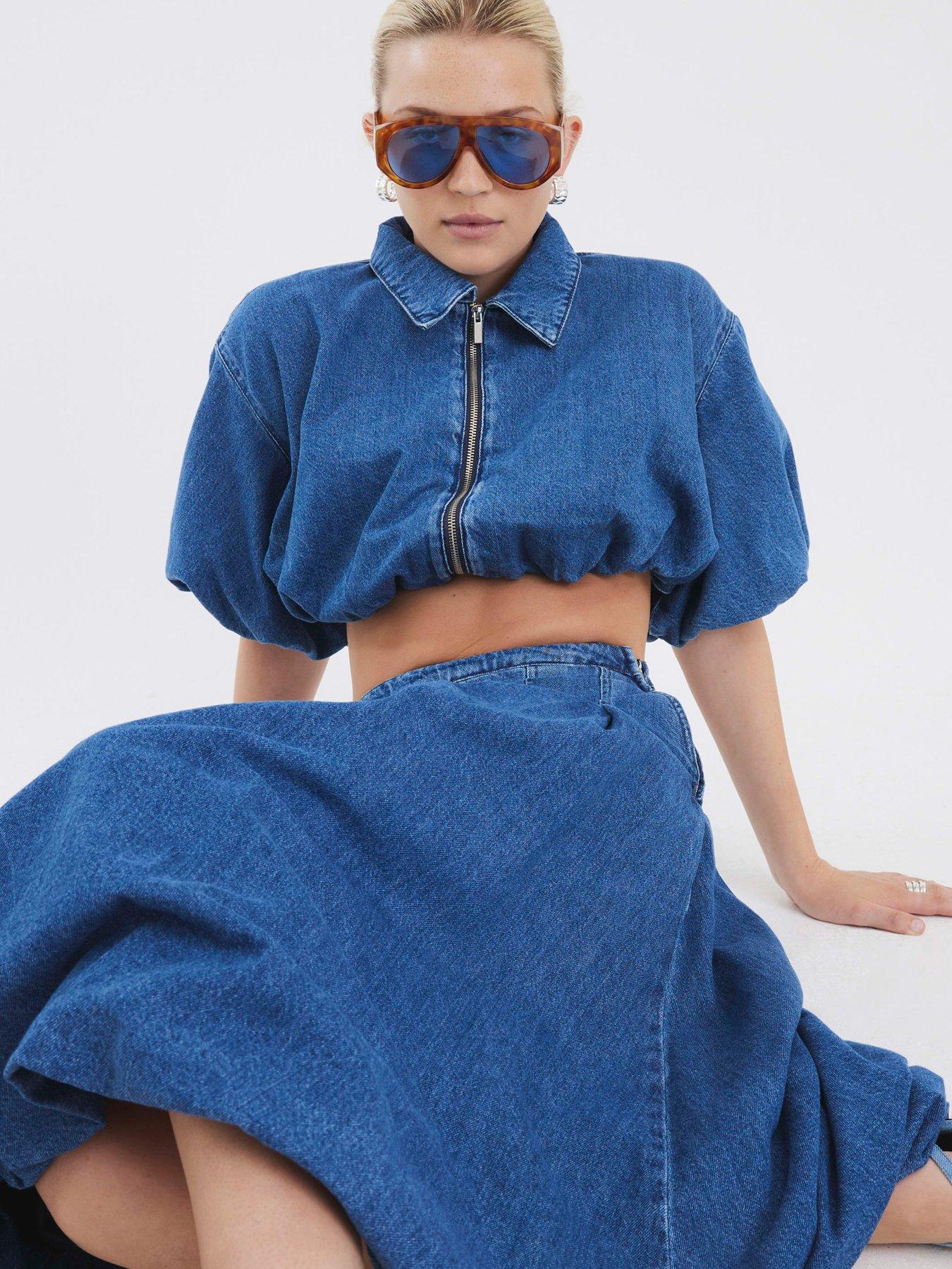 Image 3 of 4 of River Island Puffball Denim Top - Blue