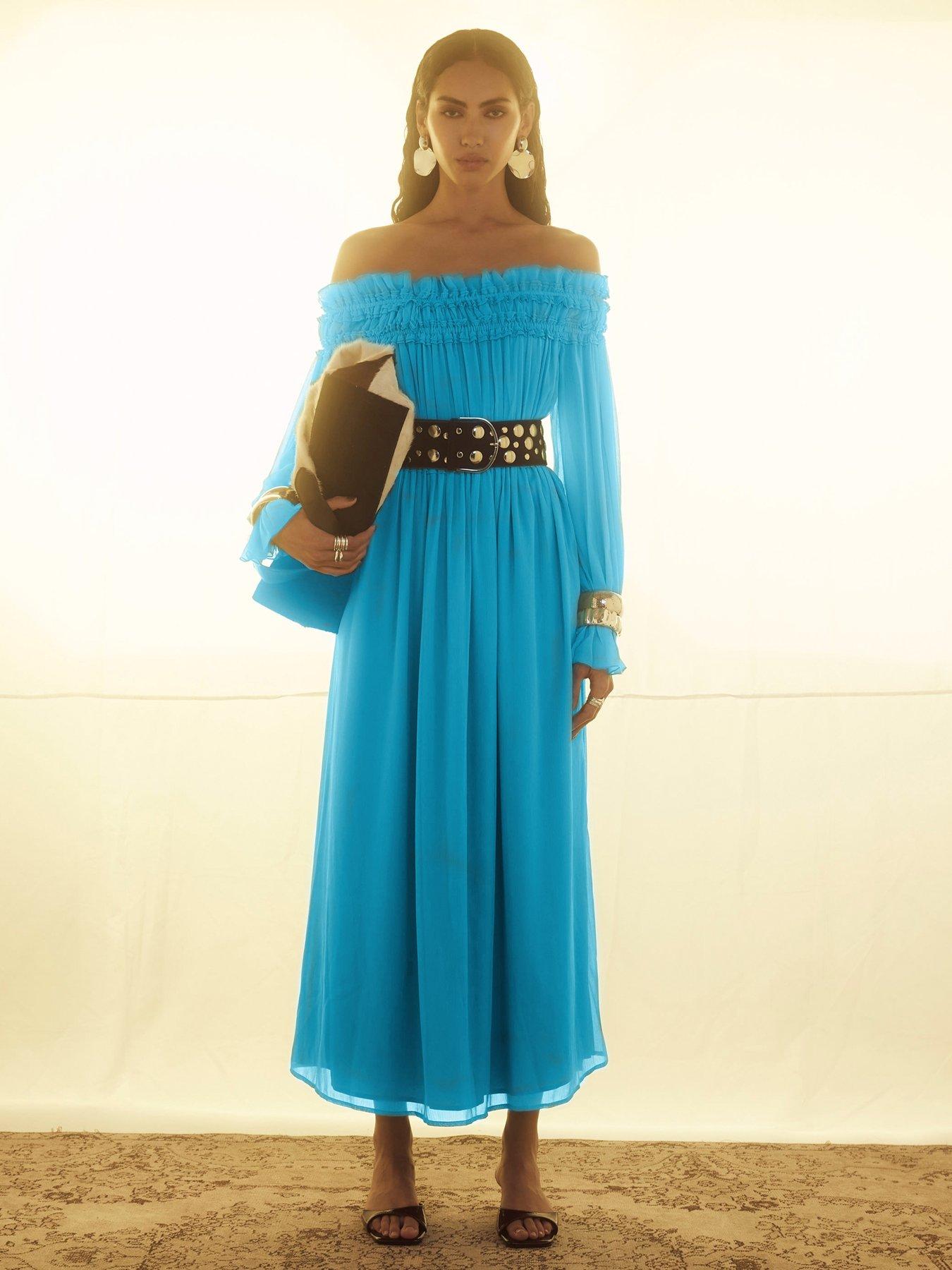 Image 1 of 6 of River Island Bardot Maxi Dress - Blue