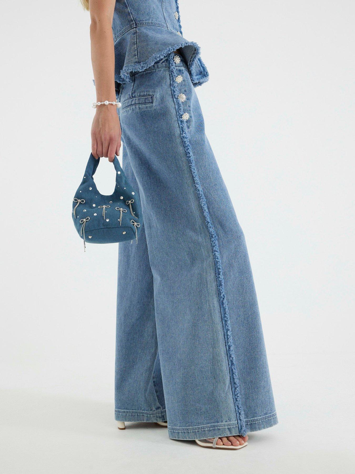 Image 1 of 4 of River Island Palazzo Bling Button Trouser - Blue