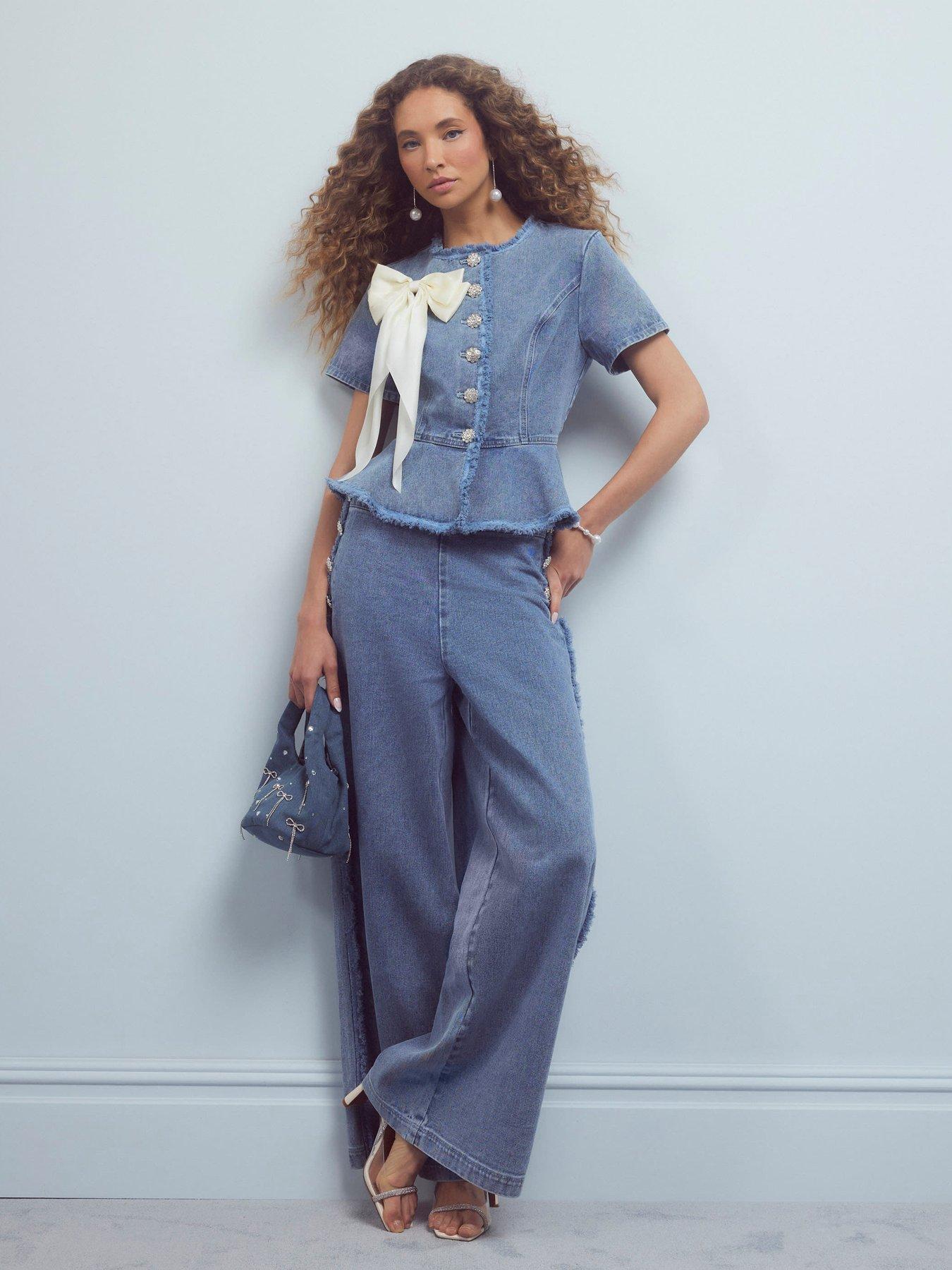 Image 3 of 4 of River Island Palazzo Bling Button Trouser - Blue