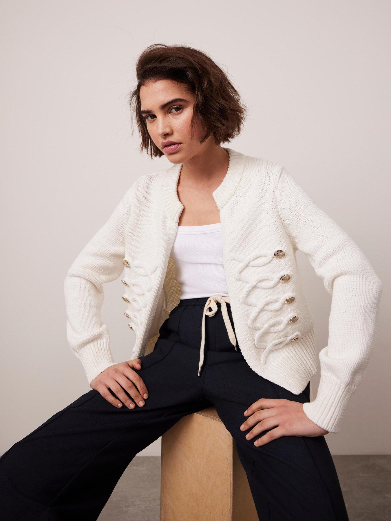 Image 1 of 6 of Mint Velvet Ivory Military Knit Jacket - White