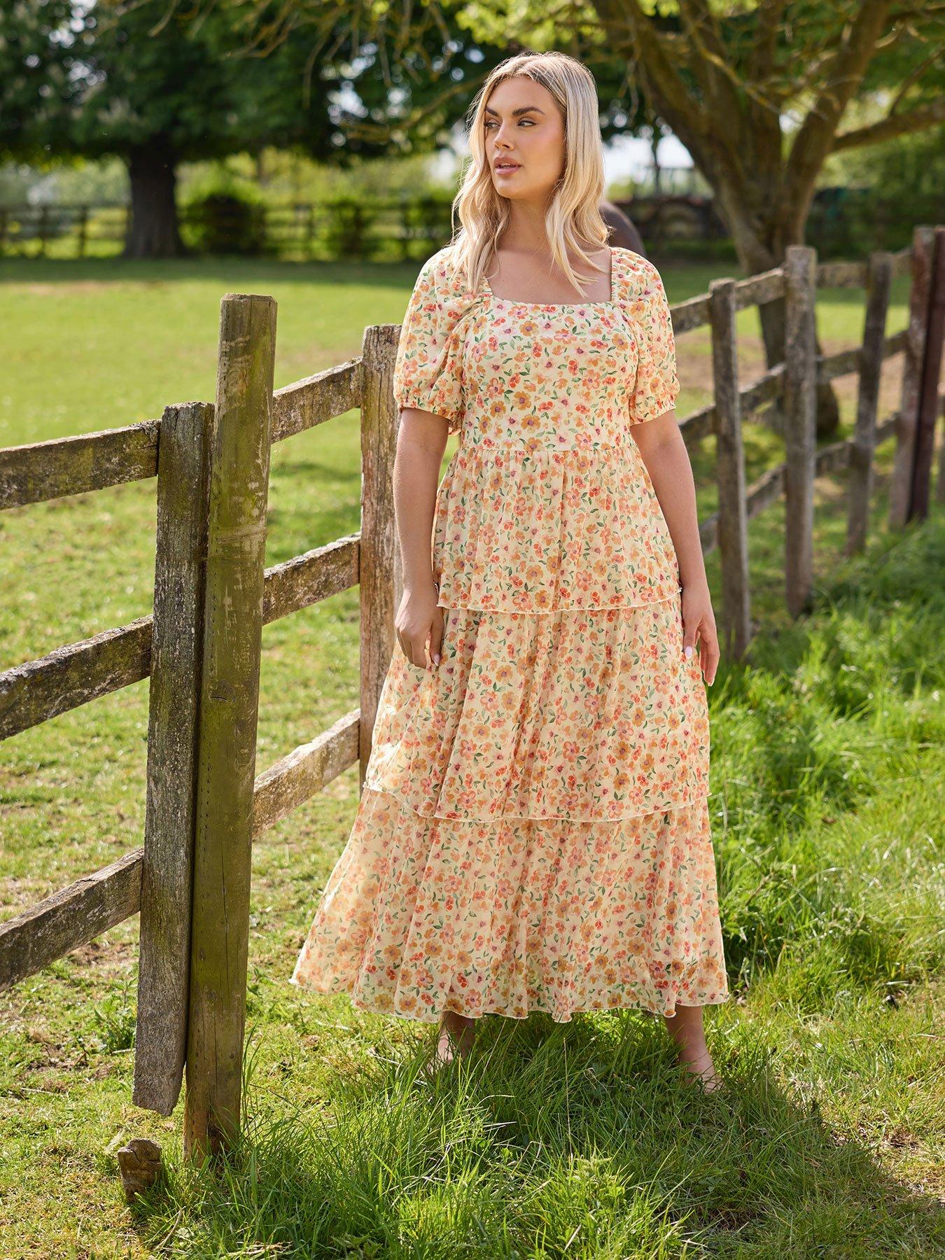 undefined Curve Three Tier Occasion Dress - Yellow