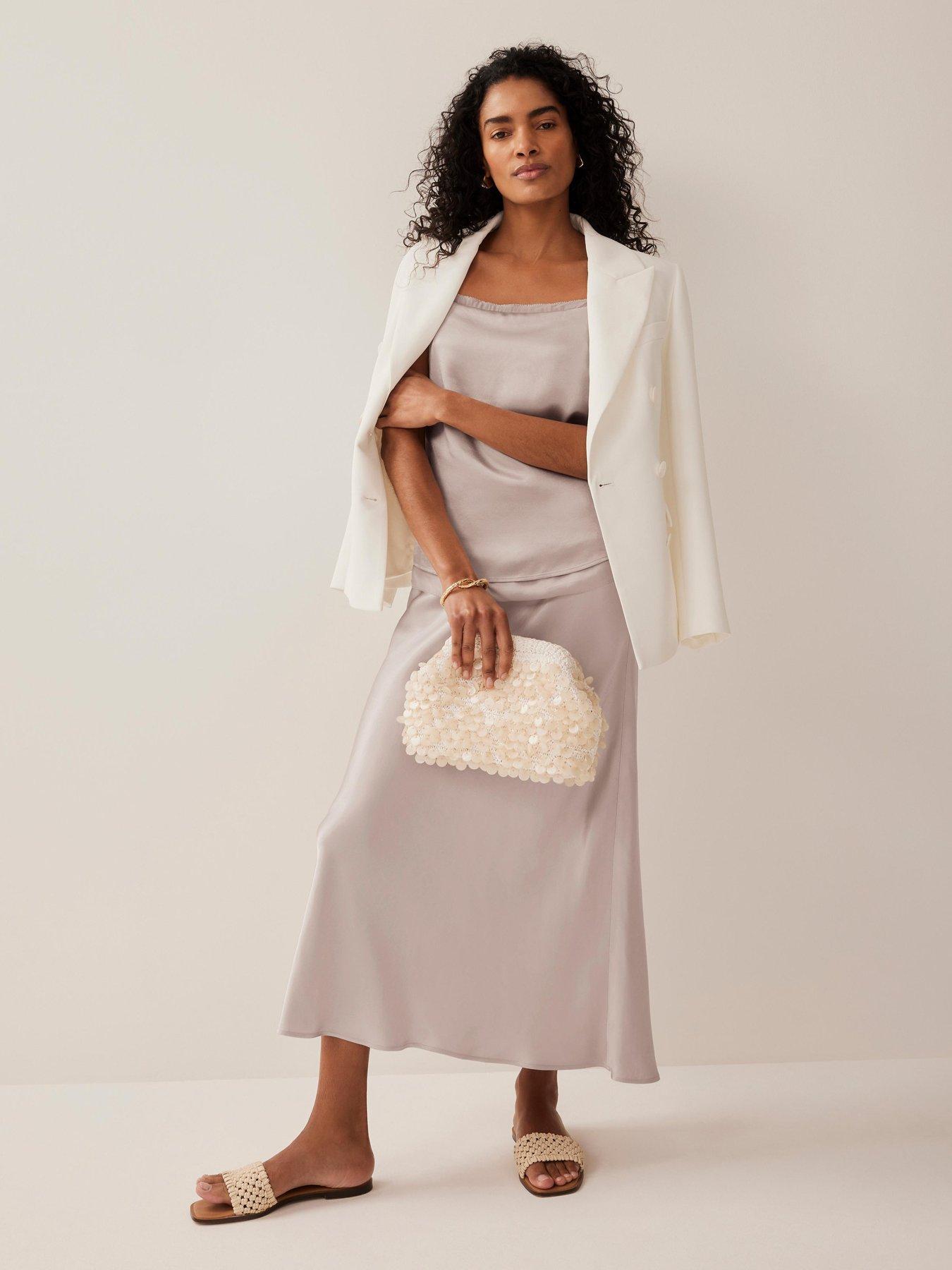 undefined Neutral Satin Slip Midi Skirt