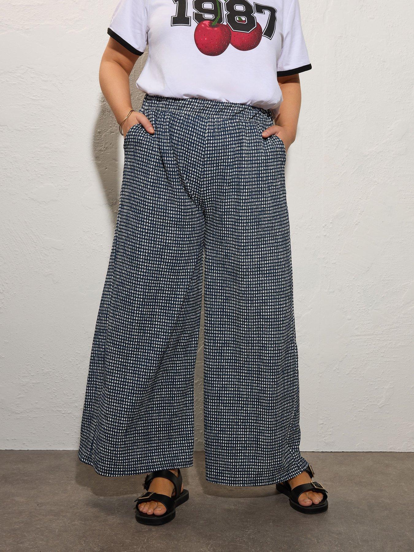 Image of Yours Curve Crinkle Gingham Wide Leg Trouser - Black
