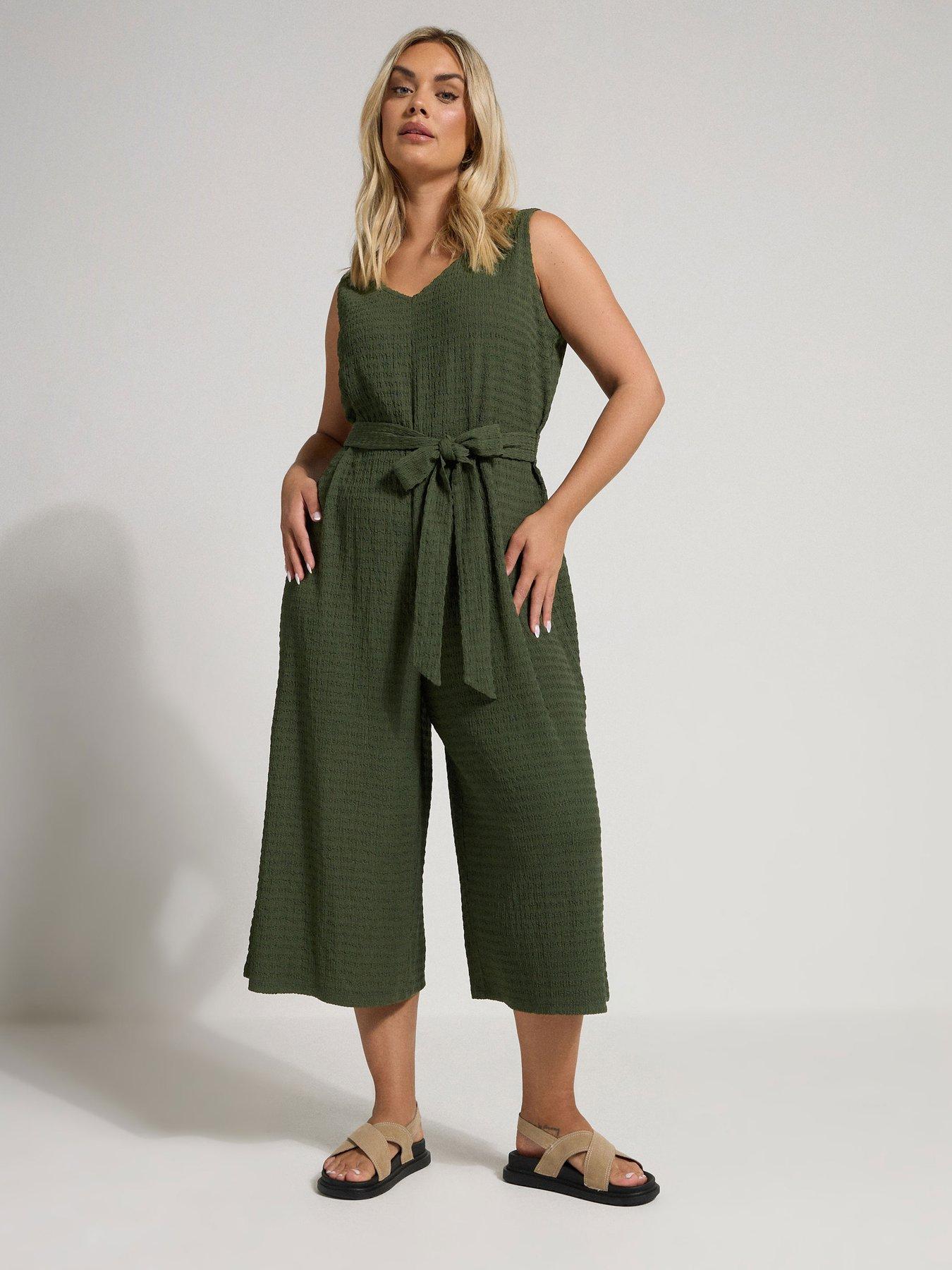 Image of Yours Curve Tie Waist Textured Jumpsuit - Green
