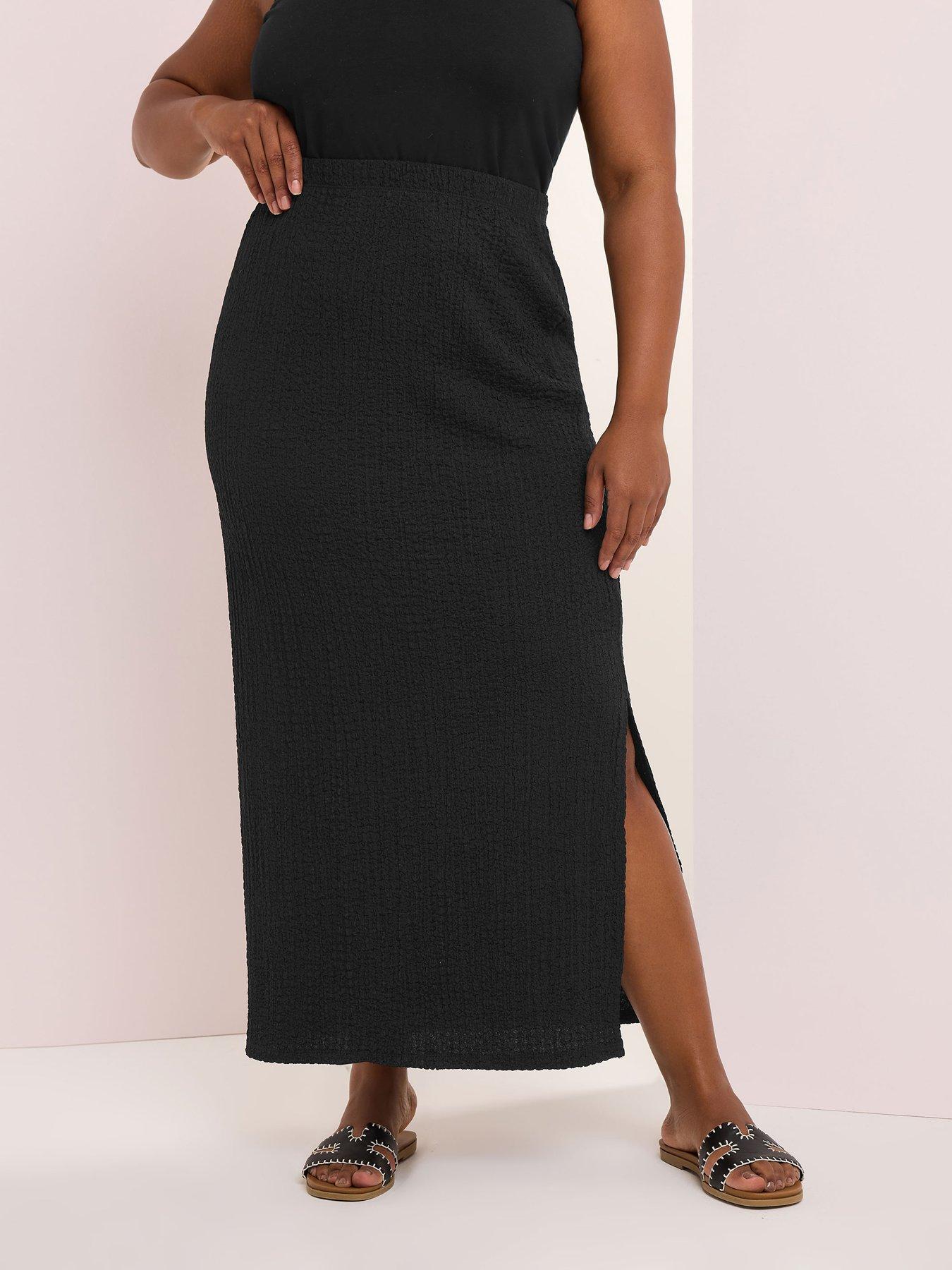 Image 1 of 4 of Yours Curve Textured Side Split Skirt - Black