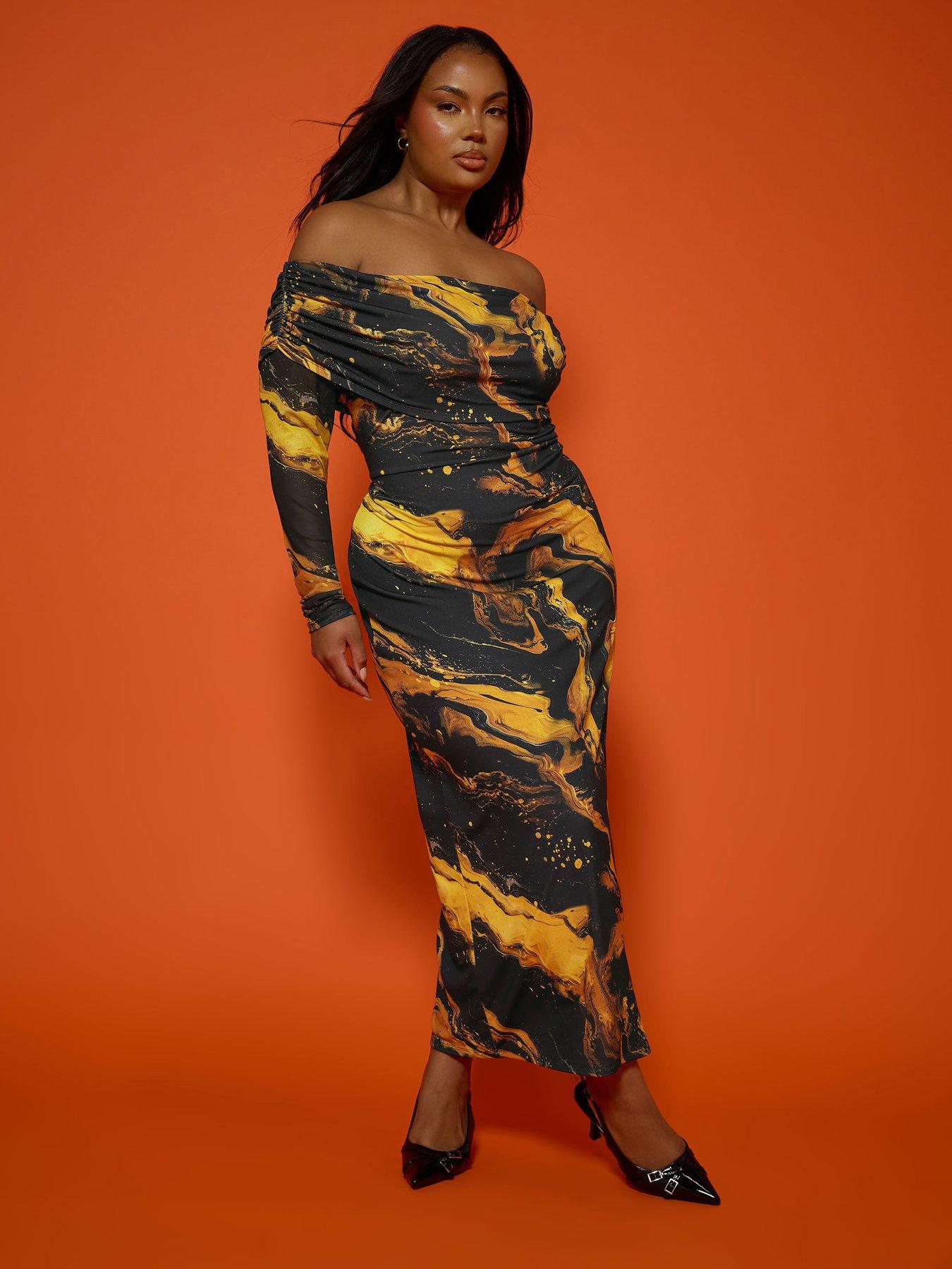 undefined Curve Marble Bardot Dress - Black