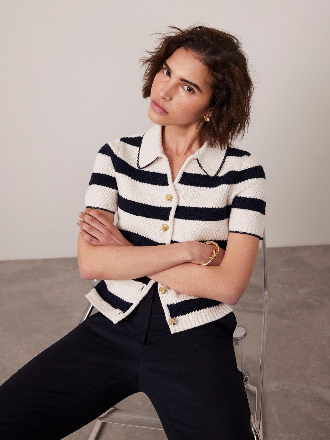 Image 1 of 6 of Mint Velvet Navy Stripe Collar Knit T-Shirt - Blue