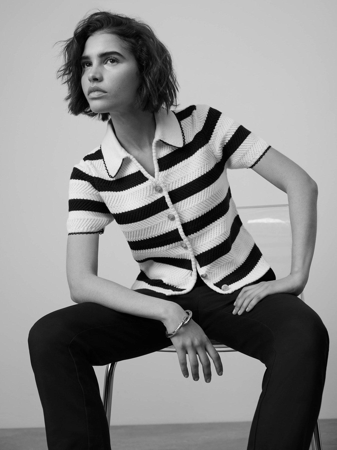 Image 2 of 6 of Mint Velvet Navy Stripe Collar Knit T-Shirt - Blue