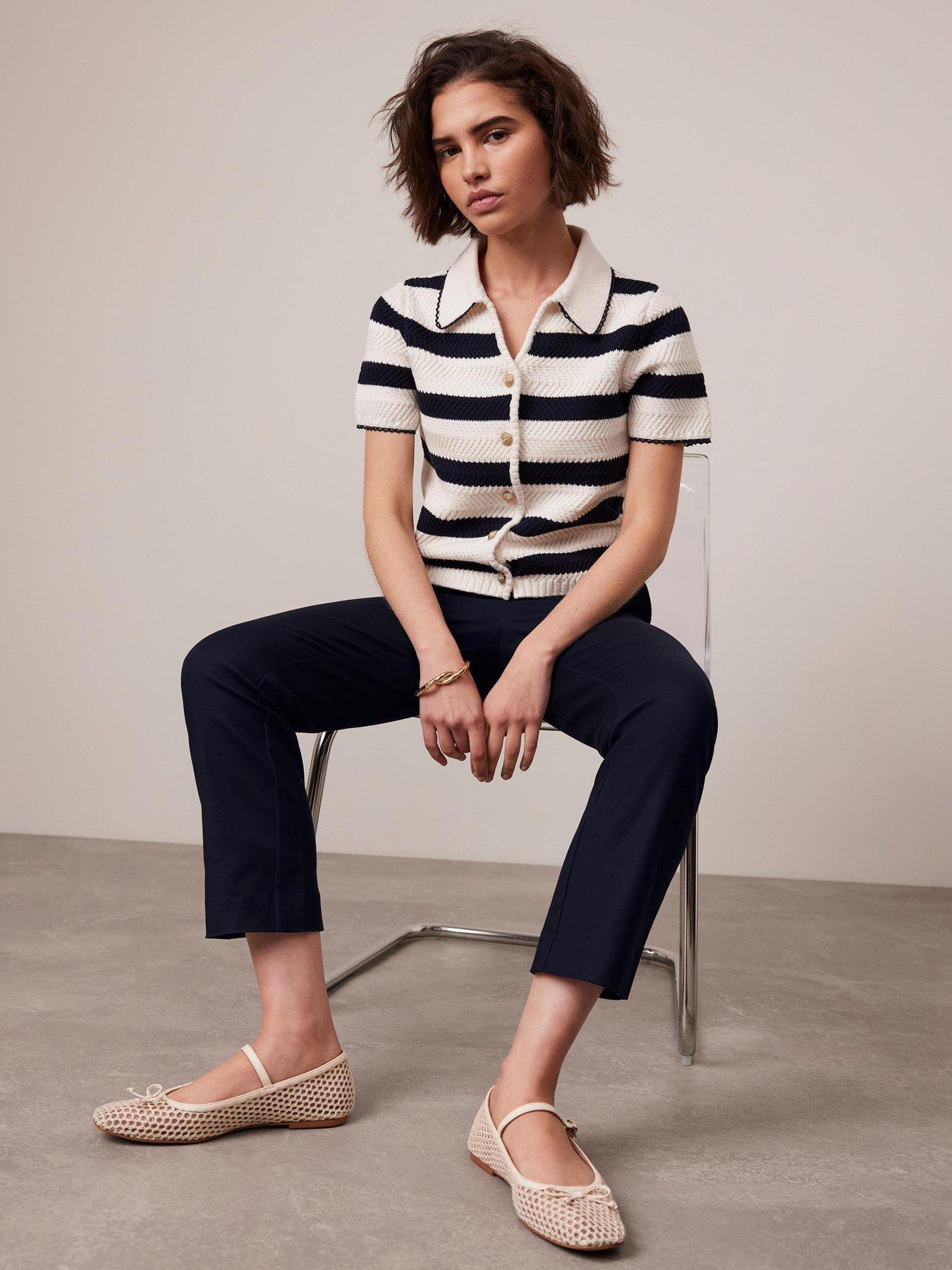 Image 3 of 6 of Mint Velvet Navy Stripe Collar Knit T-Shirt - Blue